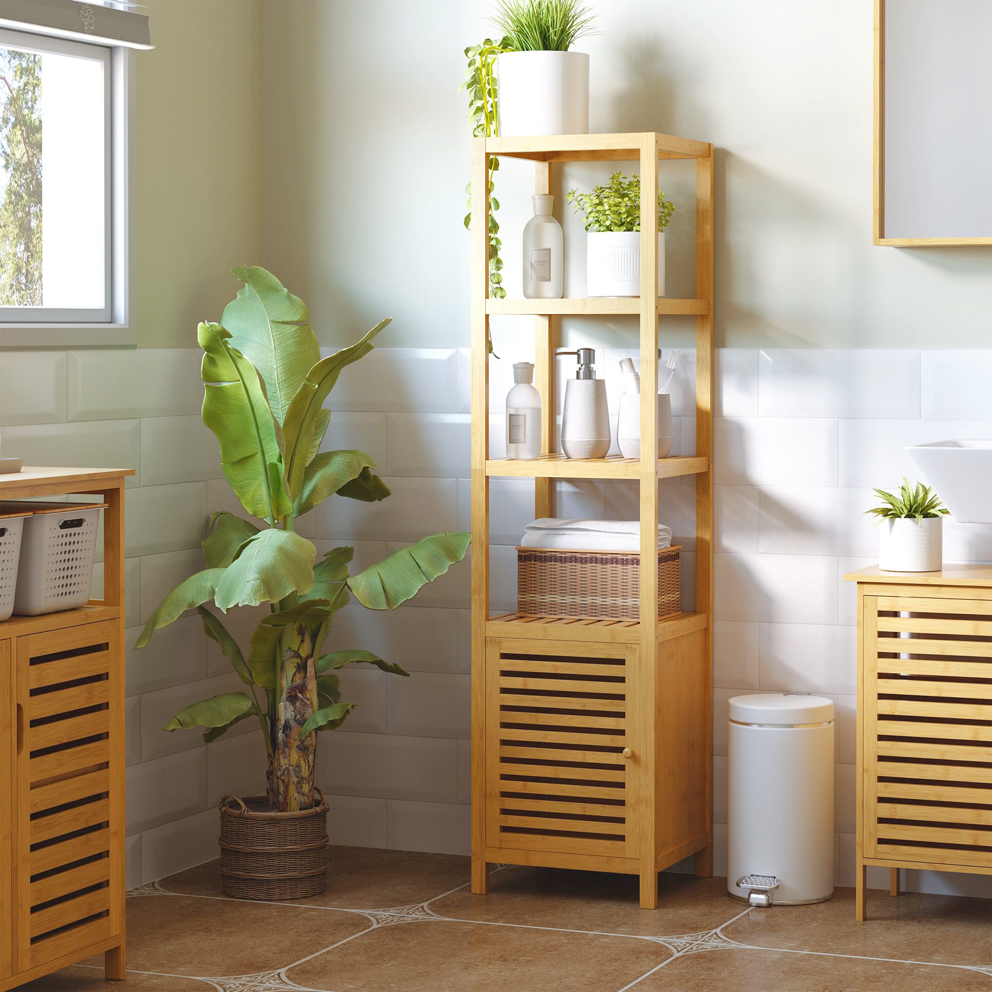 HOMCOM Badregal Badezimmerschrank schmal, Hochschrank mit 3 offenen Fächern, Aufbewahrungsschrank 1-tlg., Naturholz 36 x 33 x 140 cm