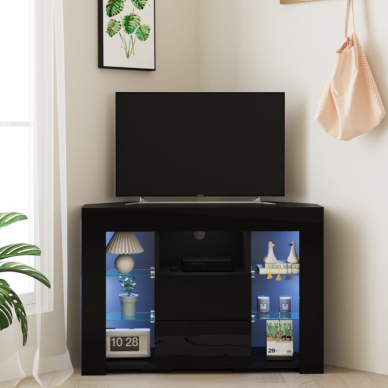 Dripex Lowboard TV Eckschrank Fernsehtisch Hochglanz mit LED 100x40x68 cm, Schwarz – Bild 3 von 5