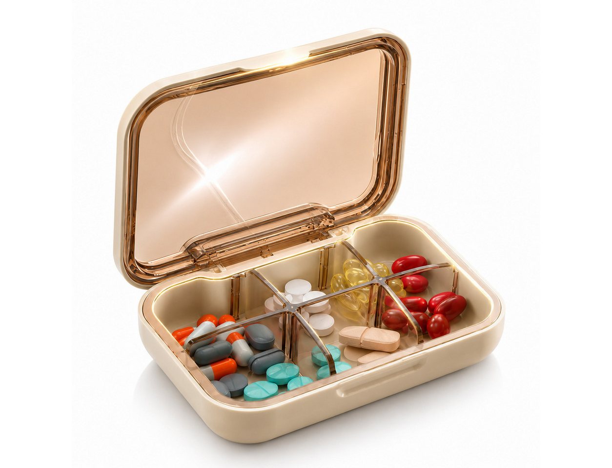 Luckice Pillendose Tragbare Pillenbox 6 Fächer BPA‑frei luftdicht Tablettenbox für Reisen (Set, Luftdicht, feuchtigkeitsbeständig, platzsparend), 6 Fächer mit herausnehmbarem Trenneinsatz