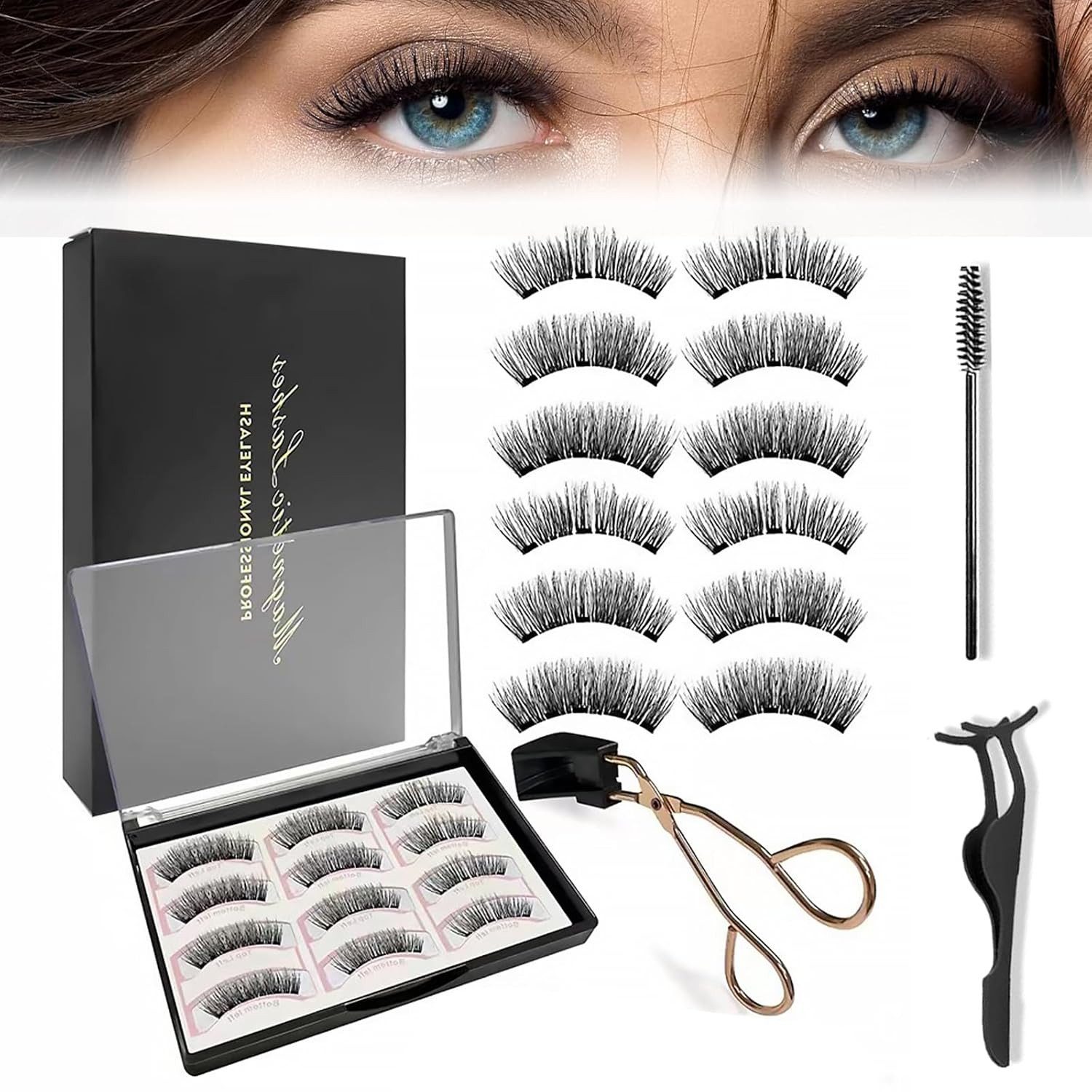 MOPUEA Magnetwimpern Magnetische Wimpern 12 Stück, 3D Magnet Fake Lashes, Wasserdichtem Dünne Wimpern,Magnetic Eyelashes Set Mit Zange, 15 tlg., Magnetische Wimpern 3 Paar,Einfach zu Tragen