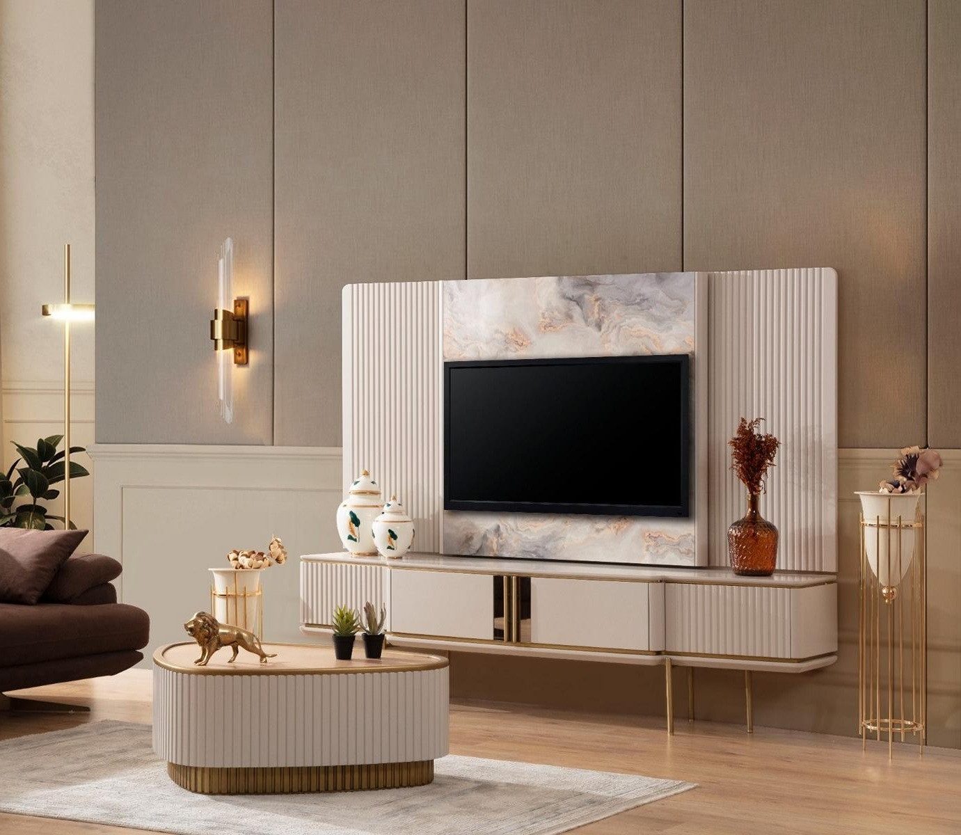 Xlmoebel TV-Board Wohnzimmermöbel mit TV-Rahmen in Weiß und Edelstahlrahmen (Lowboard mit TV Rahmen), Hergestellt in Europa