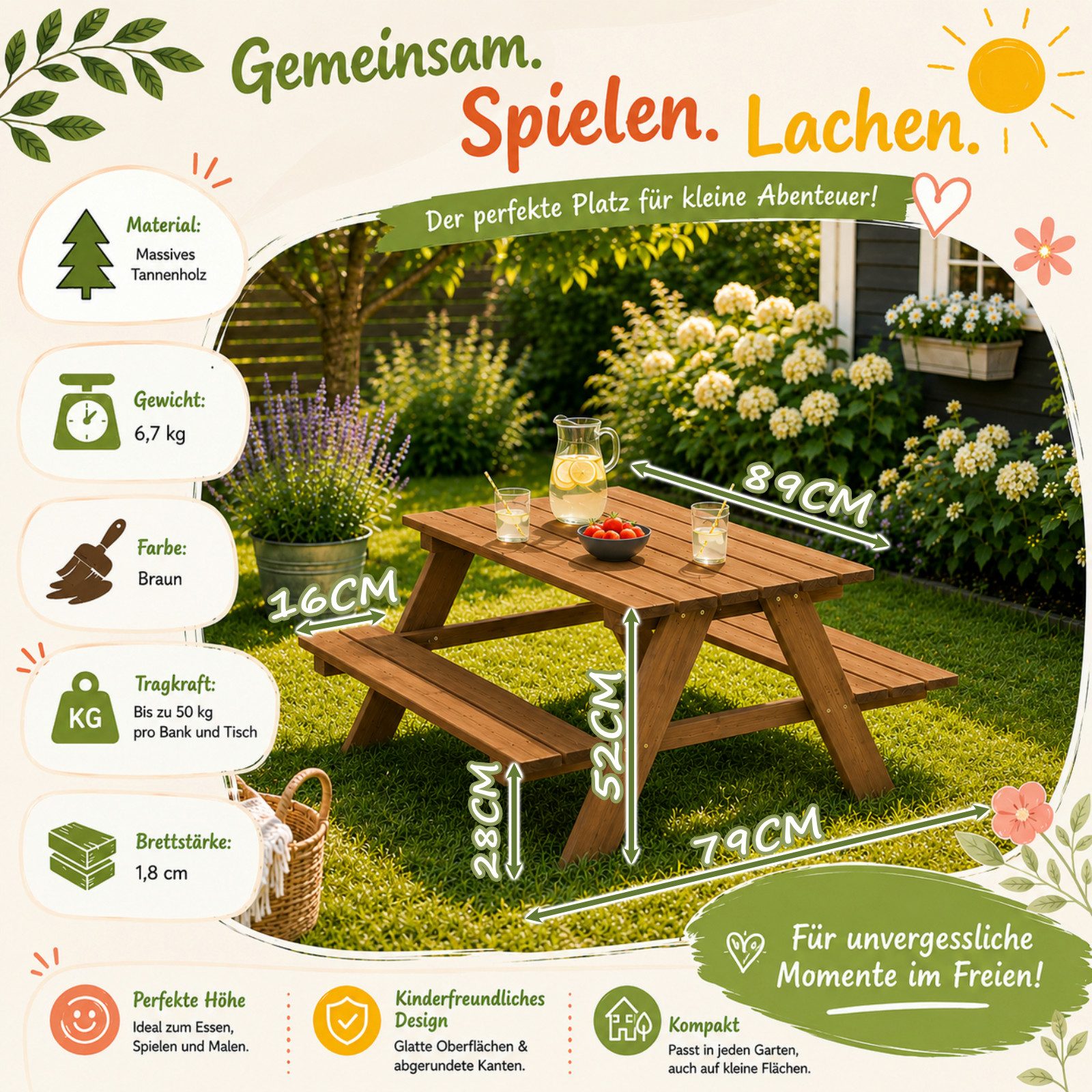HAGO Garten-Kindersitzgruppe Sitzset Gartenbank Essplatz Picknick Spieltisch Tanne Holz, (1-tlg) – Bild 5 von 5