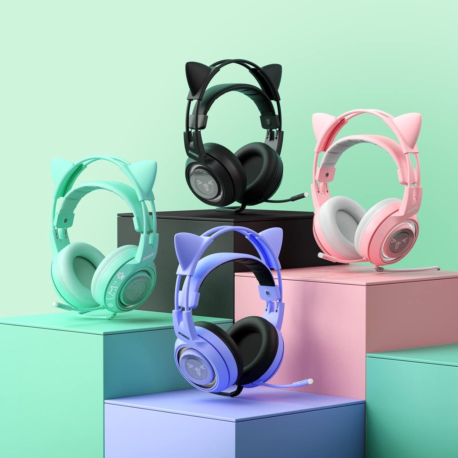 Ohr) Gaming-Headset Gaming-Headset Mädchen Ohr, Mikrofon Kopfhörer mit G951S über In-Line-Mikrofonsteuerung, für (mit dem Stereo-Sound-Kopfhörer Frauen, Grünes und am Somic