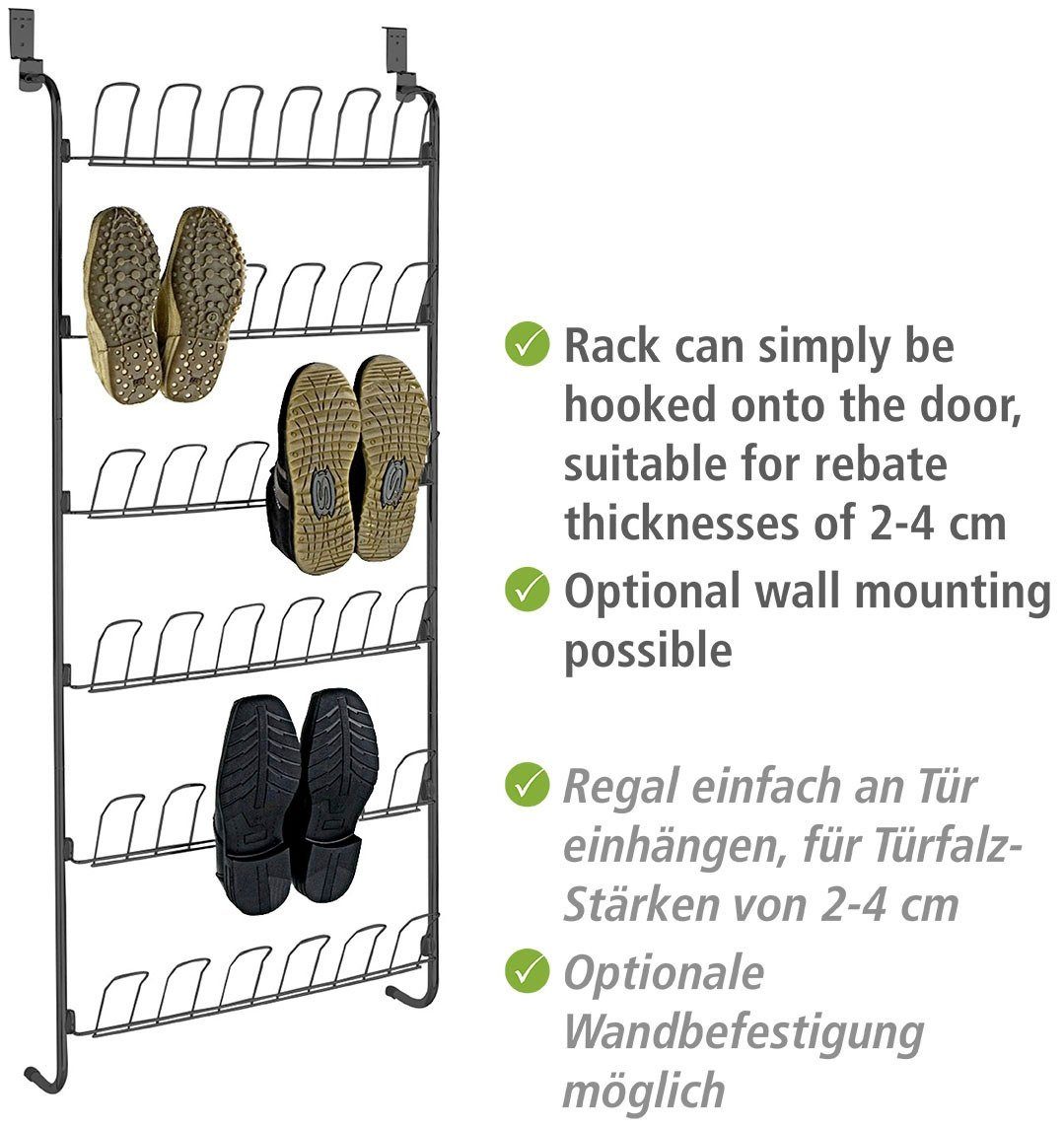 18 Schuhregal schwarz für Türregal, Paar Schuhe WENKO