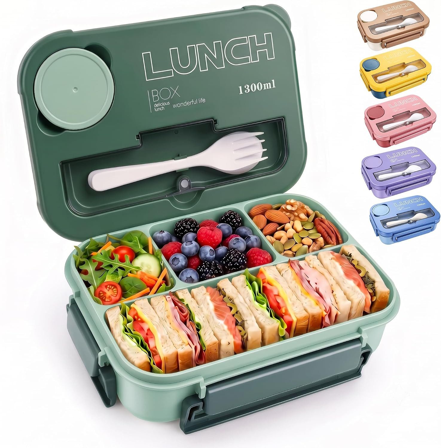 Diwzbyn Lunchbox Bento Box 1300 ml, Lunchbox mit Besteck, Auslaufsicher, BPA-frei mit Saucenfach, Silikondichtung & Besteckfach im Deckel