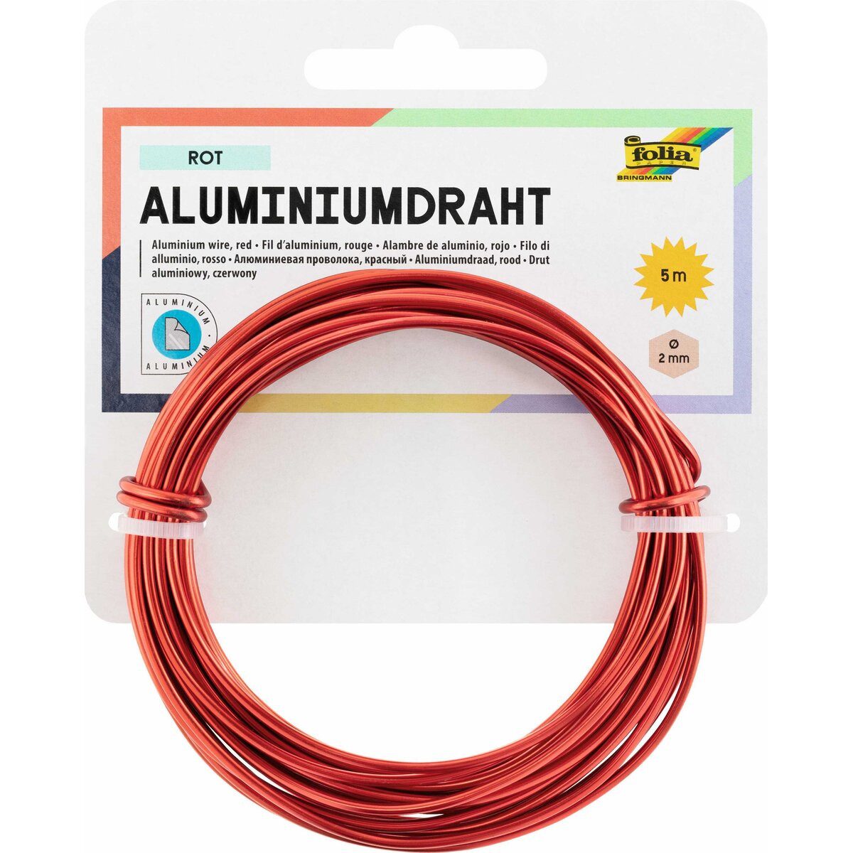 Folia Bastelfilz Basteldraht Alu - rot 2 mm x 5 m.