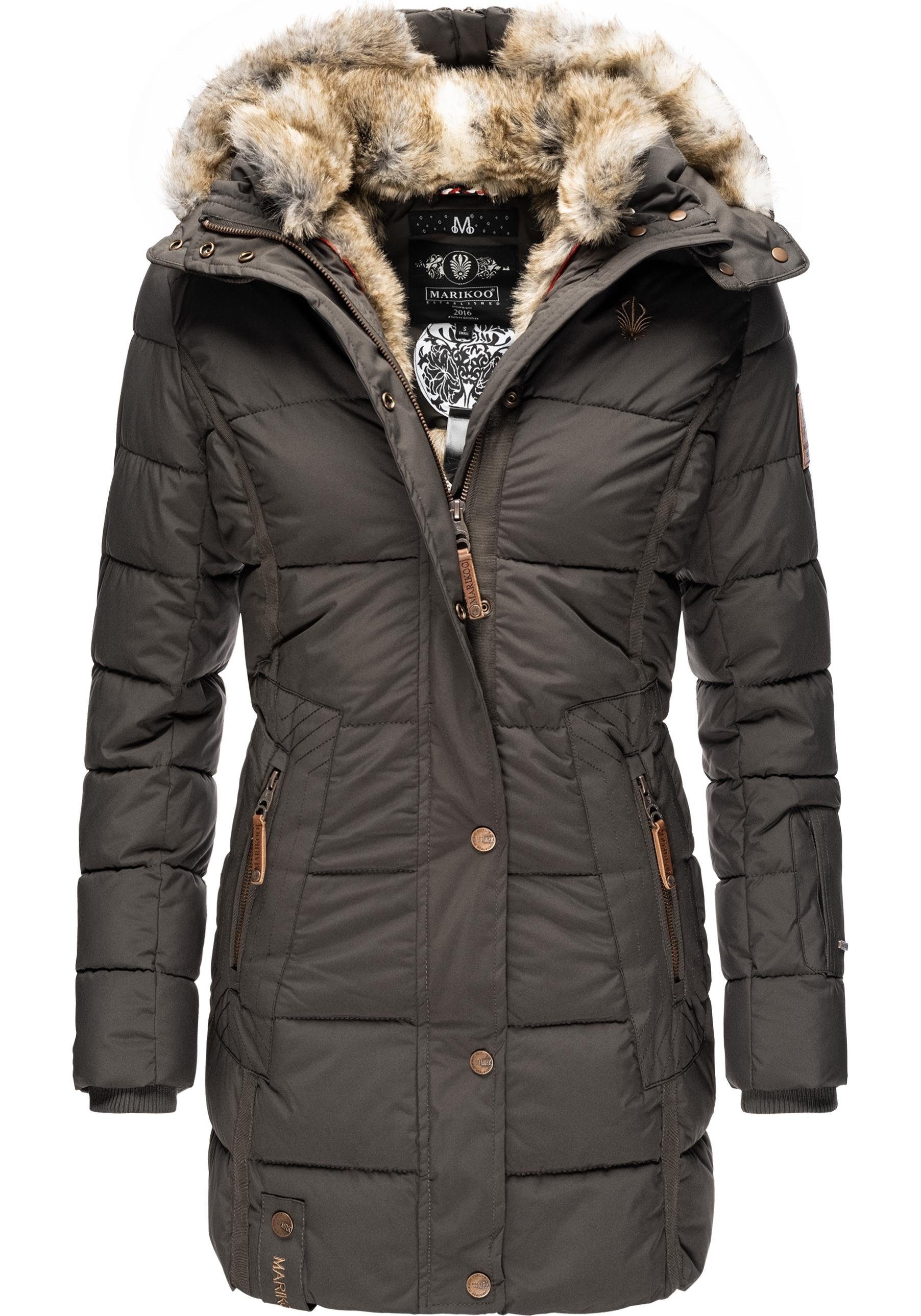 Marikoo Wintermantel Lieblings Jacke stylischer Winter Steppmantel m. Kunstpelz-Kapuze anthrazit