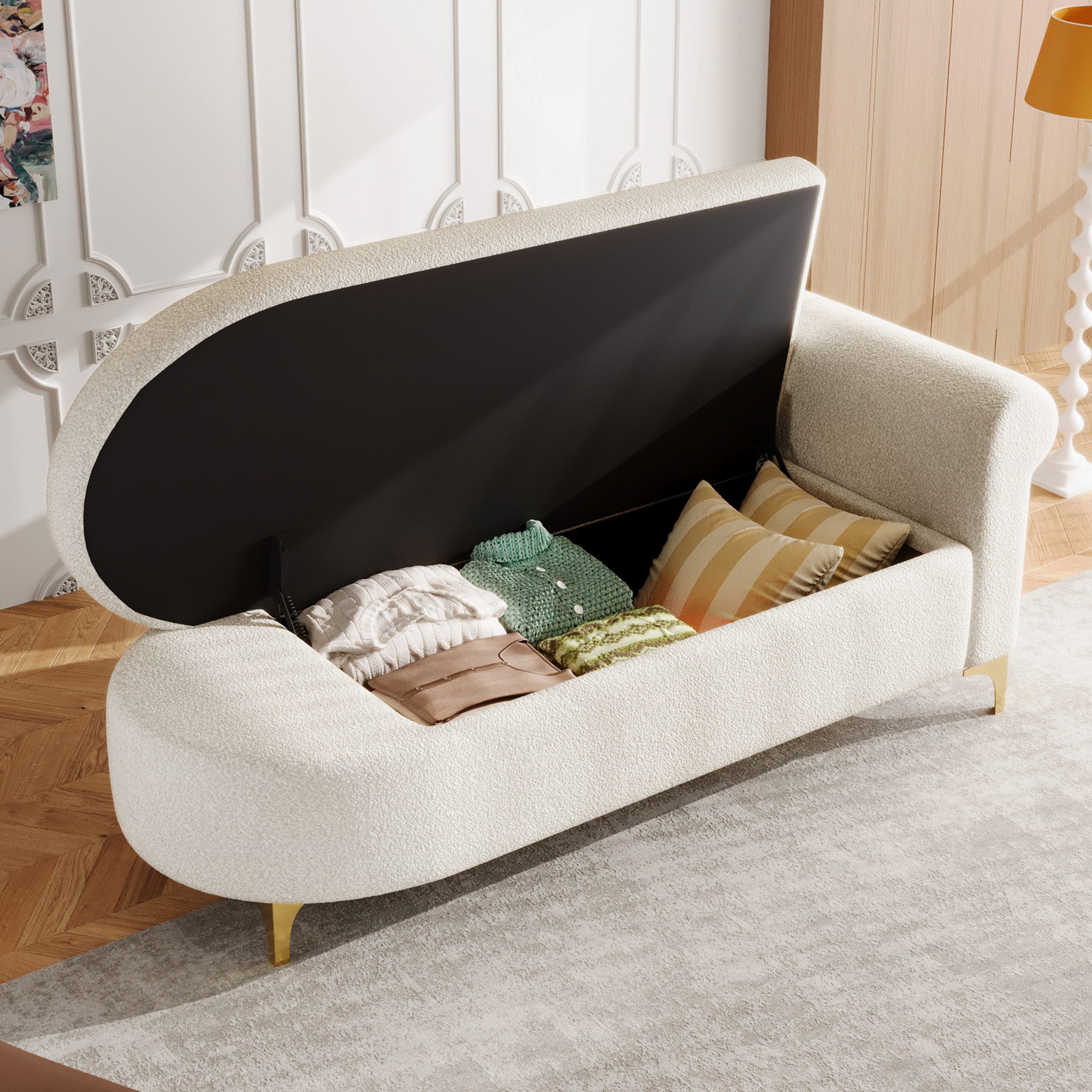 OKWISH Chaiselongue Multifunktionale 134x64x70 cm aus Teddyplüsch, Wellenförmige Rückenlehne, hochdichte Sitzkissen 1 Teile, Inkl. Lenden- & Nackenkissen, Stauraum im modernen Design