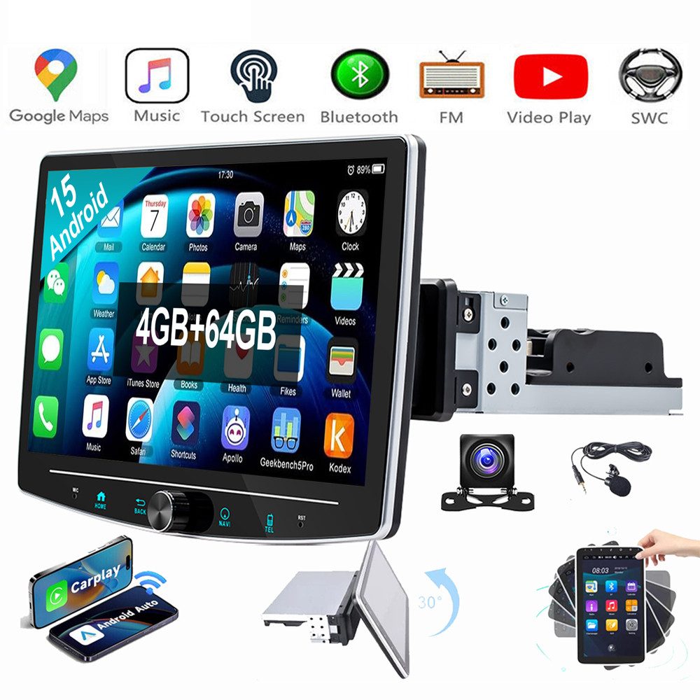 ESSGOO Android 15 Carplay Autoradio GPS RDS BT 1 DIN 360° Drehbar Bildschirm Autoradio (RDS, Digitalradio (DAB), FM, AM)