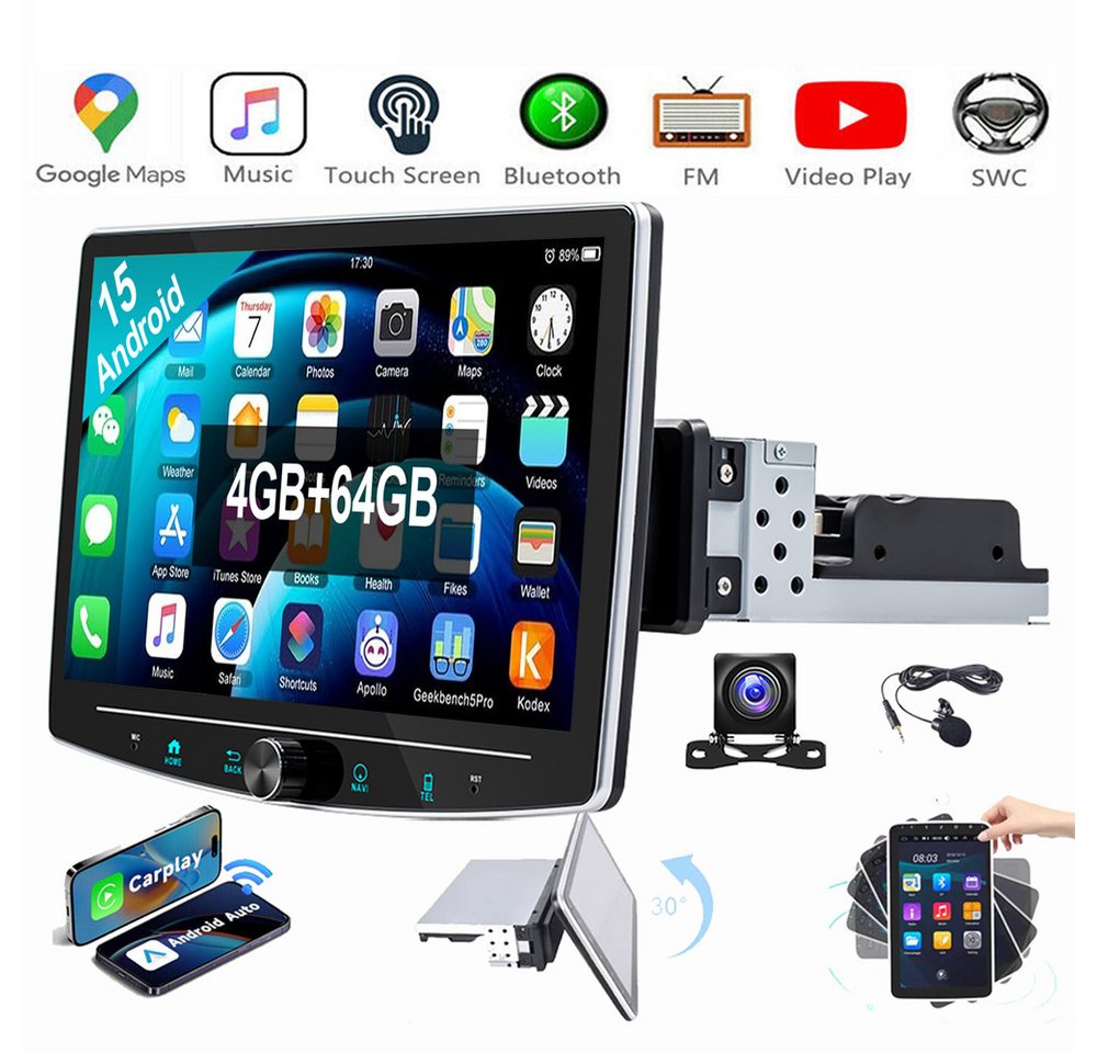 ESSGOO Android 15 Carplay Autoradio GPS RDS BT 1 DIN 360° Drehbar Bildschirm Autoradio (RDS, Digitalradio (DAB), FM, AM)