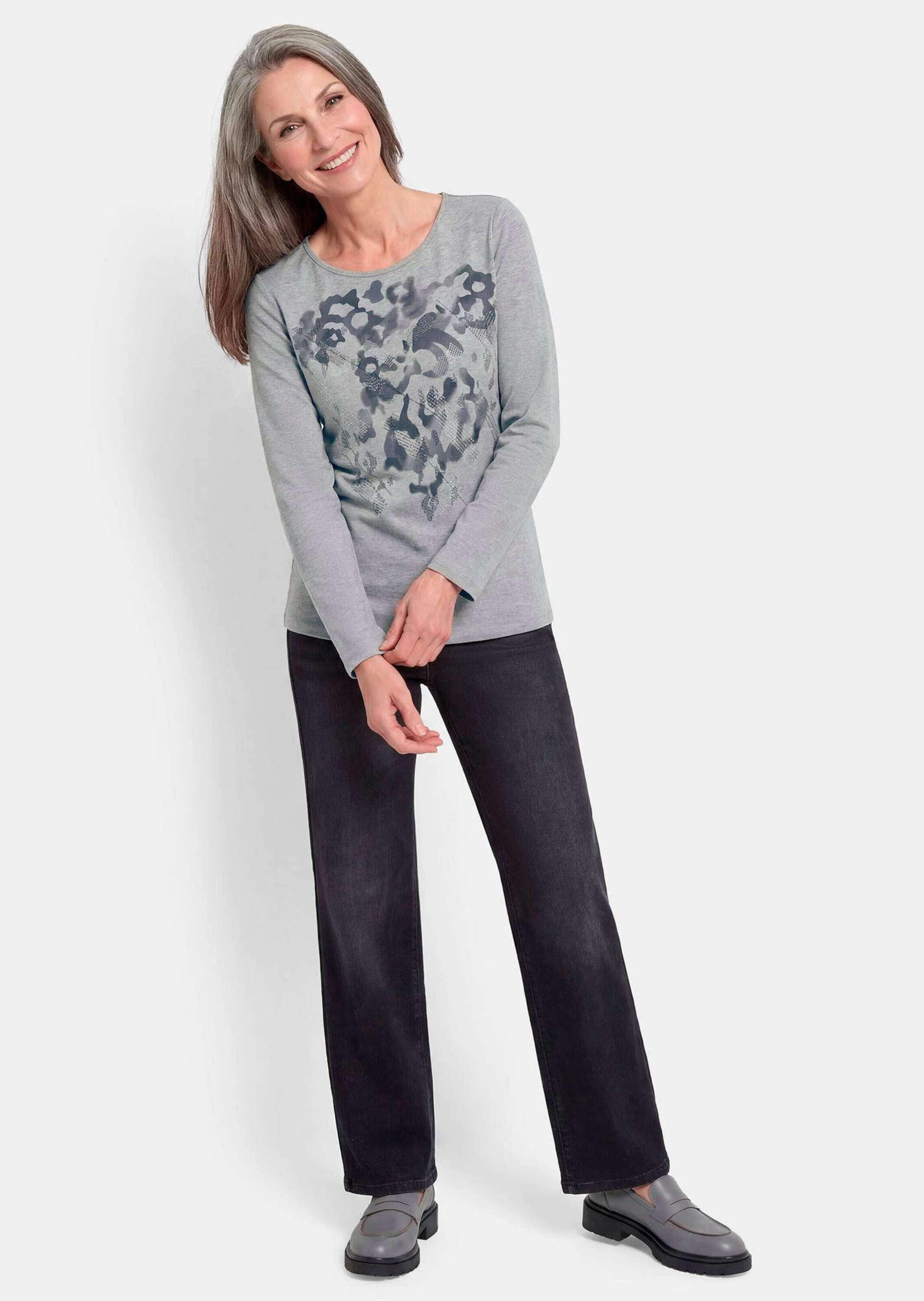 GOLDNER Print-Shirt Kurzgröße: Motivshirt mit Glitzersteinen Langarmshirt aus Viskose-Jersey mit U-Boot-Ausschnitt