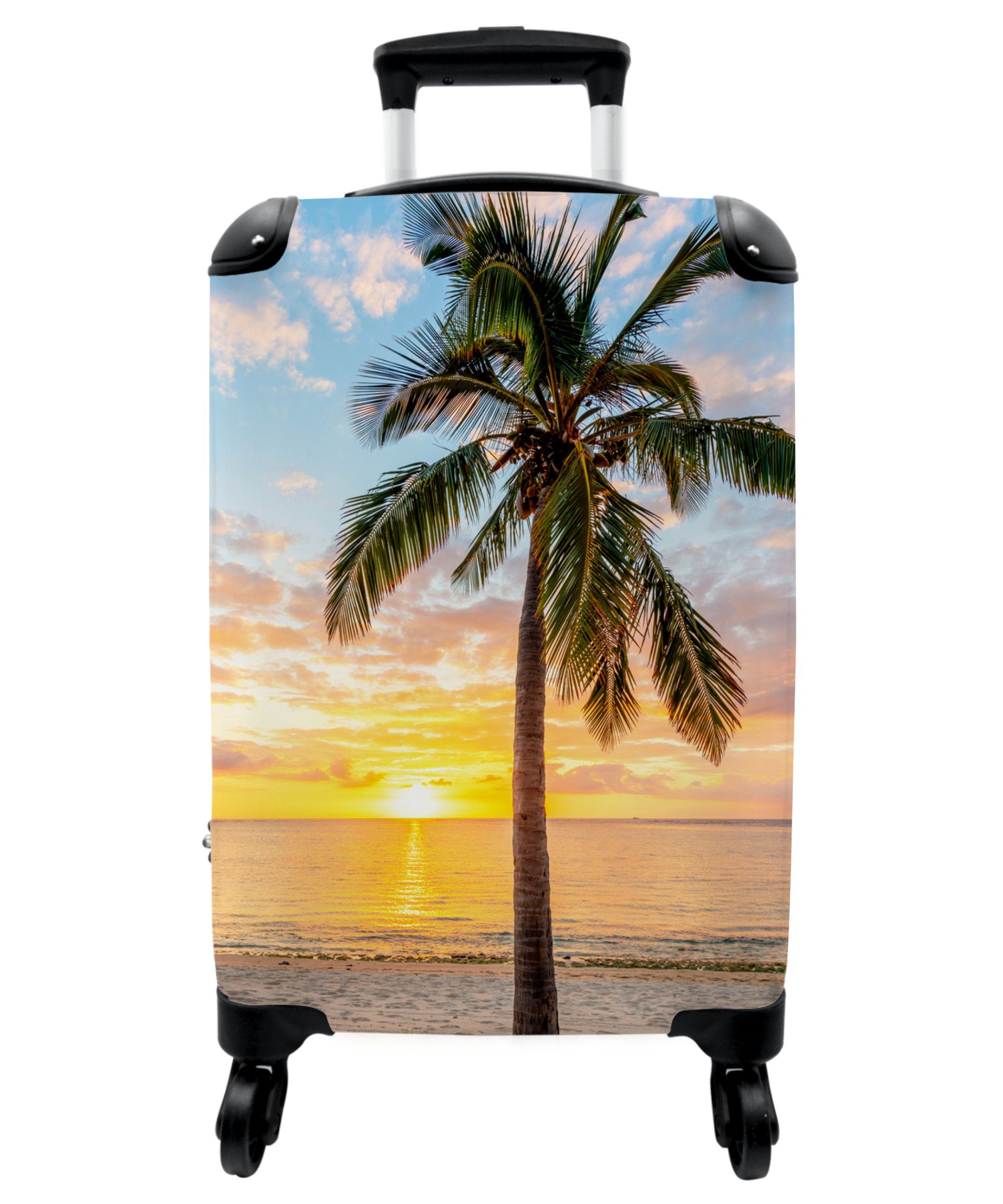 NoBoringSuitcases.com© Handgepäckkoffer 55x35x20cm Strand - Palme - Sonnenuntergang - Tropisch - Meer, 4 Rollen, Handgepäck Trolley Rollkoffer Kleine Reisekoffer mit 4 Rollen - Cabin