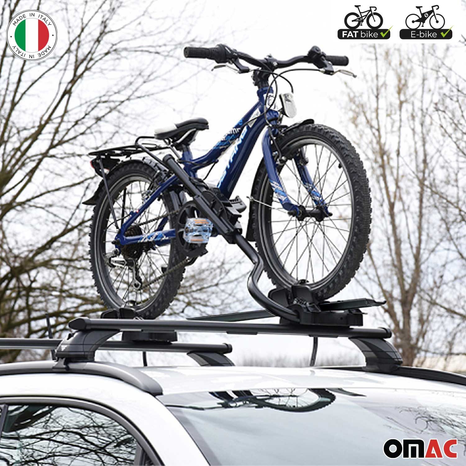 OMAC Dachfahrradträger 2x Fahrradträger bis 25kg ABE P-Style Dachfahrradträger EBike FatBike, (2-tlg), Rostbeständig, Abnehmbar, Leichtgewichtig