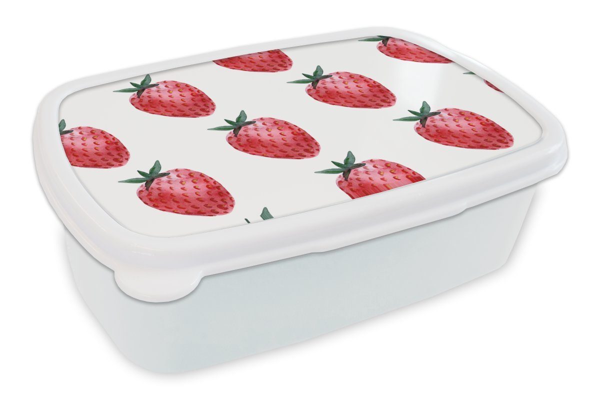 MuchoWow Lunchbox Erdbeere - Muster - Aquarell, Kunststoff, (2-tlg), Brotbox für Kinder und Erwachsene, Brotdose, für Jungs und Mädchen weiß