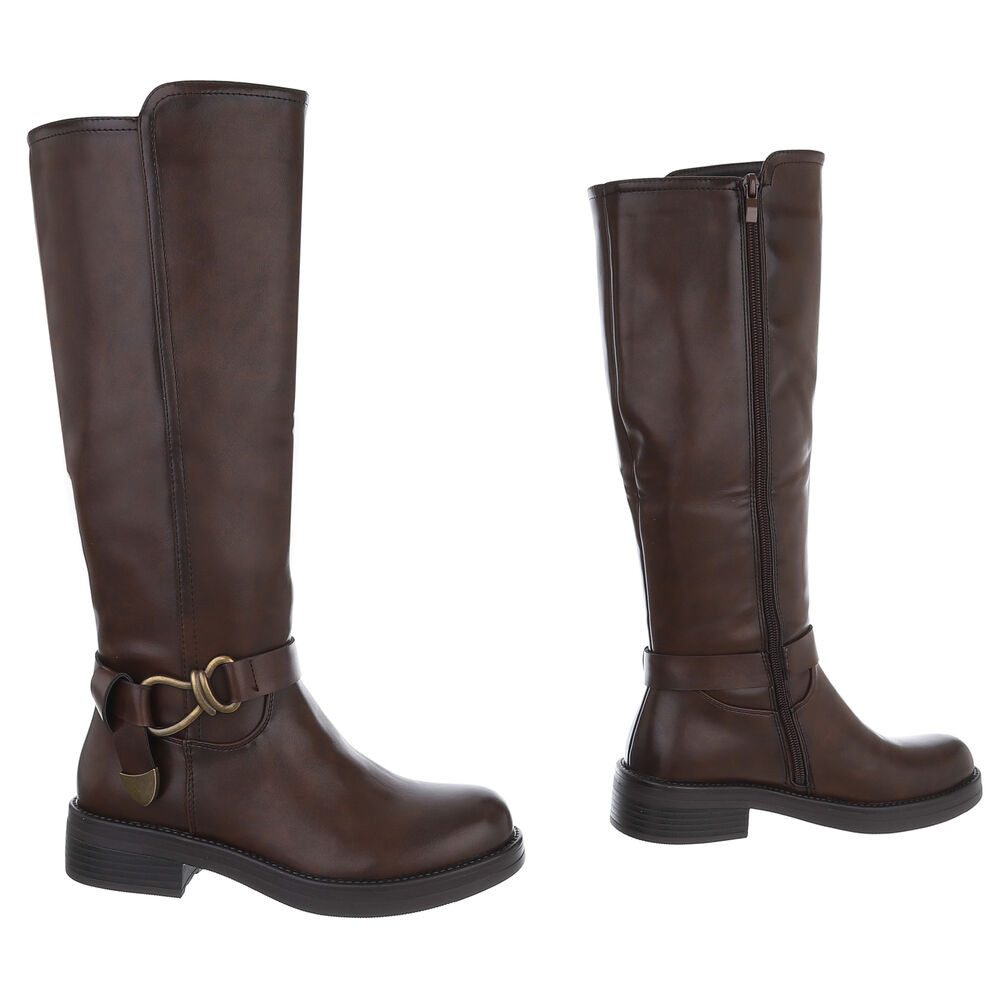 Ital-Design Elegante Damen Longboots mit Komfort und modischen Details Stiefel (90471273) Blockabsatz Flache Stiefel in Braun – Bild 4 von 5
