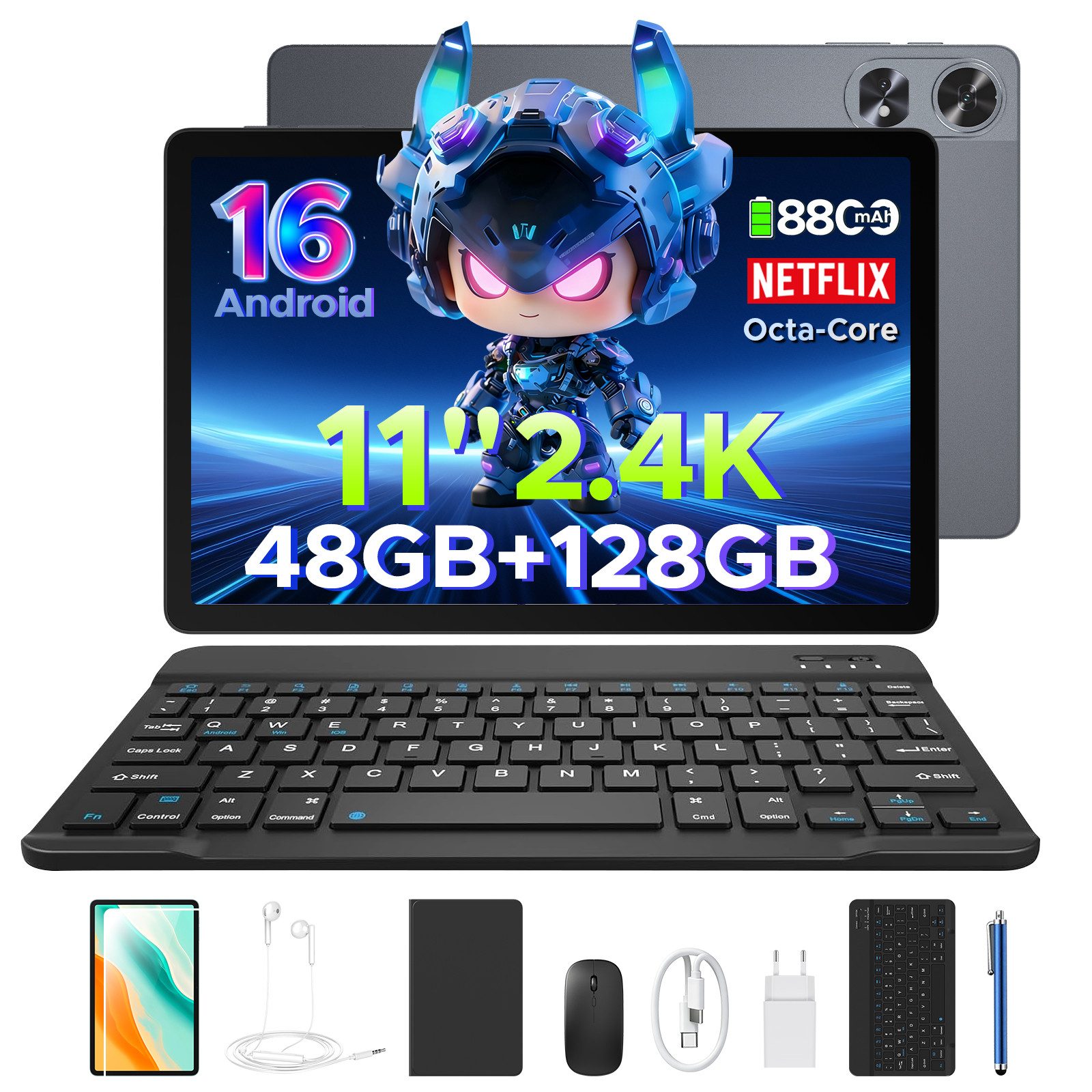 Aorlym P11 Android 16 Tablet 11 Zoll mit Tastatur und Stift, 90Hz, 8800mAh Tablet (11", 128 GB, Android 16, T7250 Octa Core, Gemini AI, 13MP + 5MP, Widevine L1, Face ID/OTG/GPS)