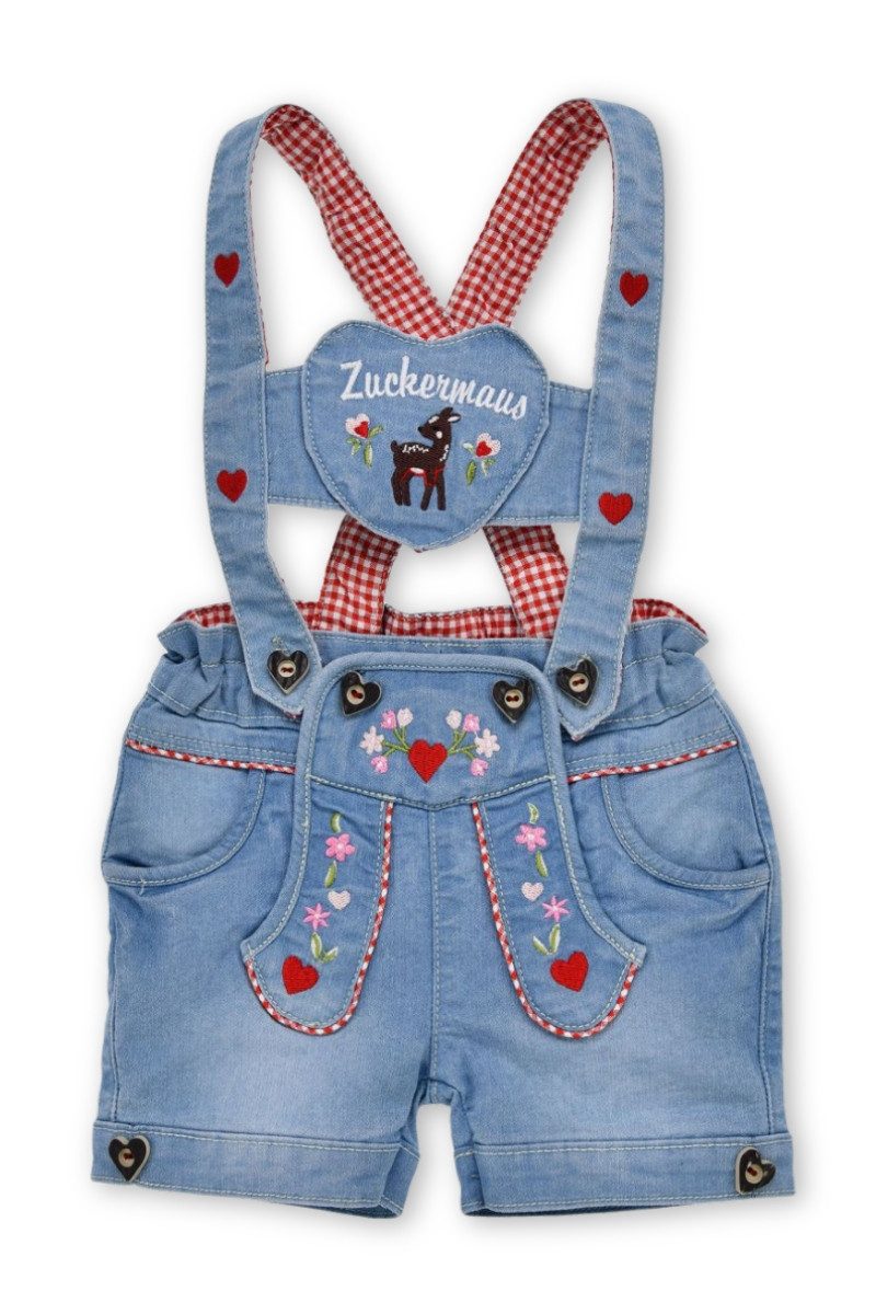 Trachtenlederhose BONDI Baby Mädchen Jeans Latzshort 'Zuckermaus' 86