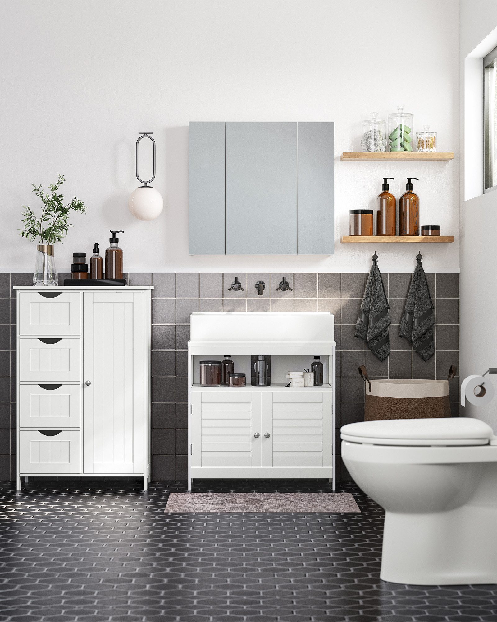 VASAGLE Badmöbel-Set Badezimmerschrank Badschrank Beistellschrank, mit 4 Schubladen, Schranktür, verstellbare Ablage