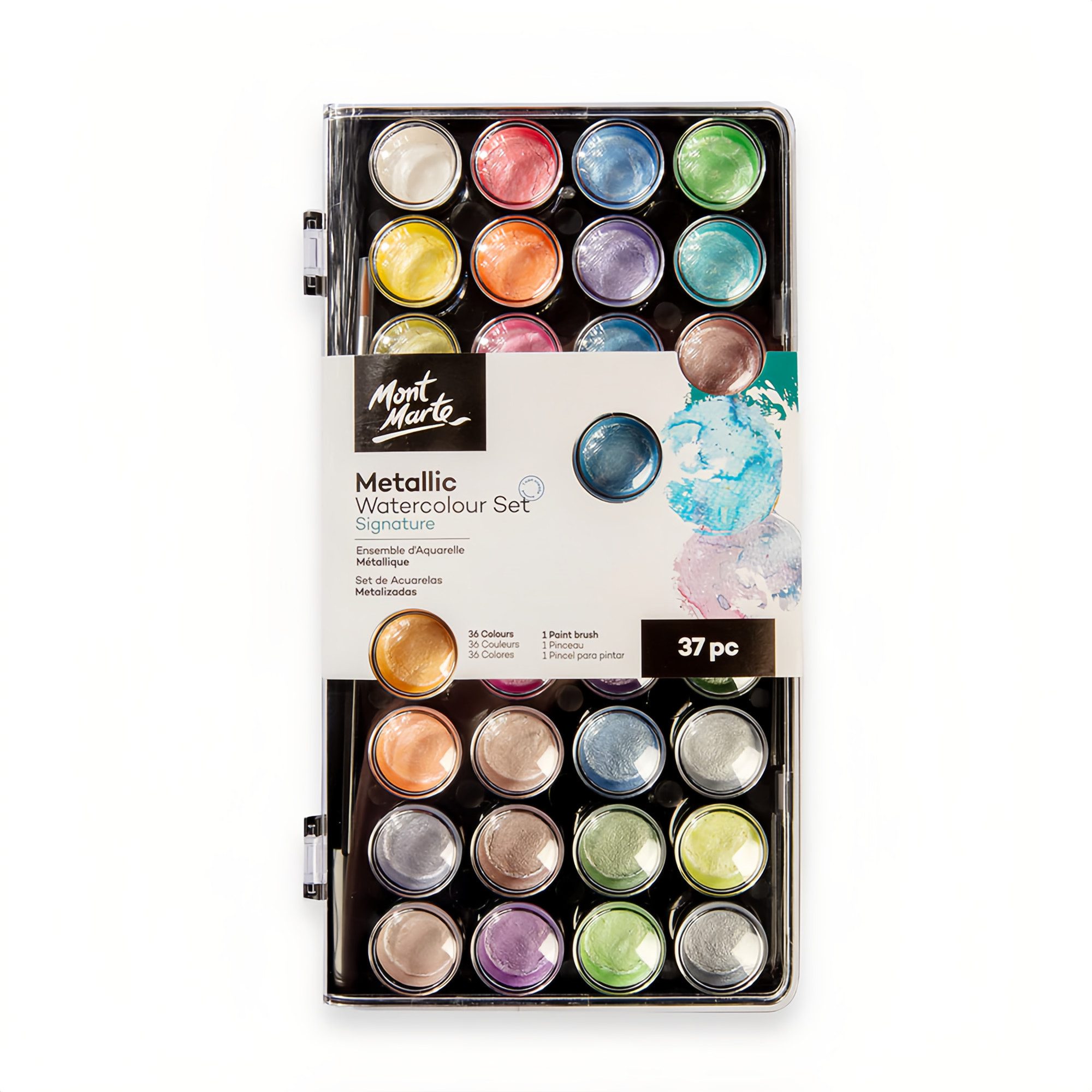Mont Marte Aquarellfarbe SIGNATURE Wasserfarben Set - 36 Metallic Aquarellfarben mit 1 Pinsel, – Ideal für Aquarellmalerei – Für Kinder, Schüler, Anfänger & Künstler
