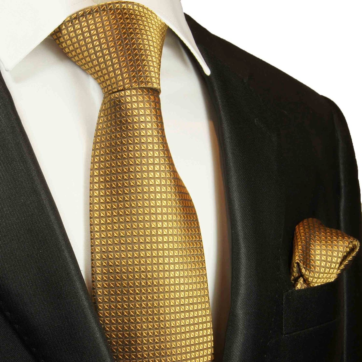 modern Waffelmuster mit Tuch gold 2-St., 2045 (Set, Seide Seidenkrawatte uni (6cm), Schmal mit Malone Paul 100% Herren Einstecktuch) Krawatte Krawatte