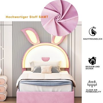 PFCTART Polsterbett Kinderbett Polsterbett 90 x 200 cm Multifunktionales (gepolstertes Einzelbett-Schlafsofa), mit ausziehbarem Bett, Stauraumschublade und farbwechselndem LED-Licht