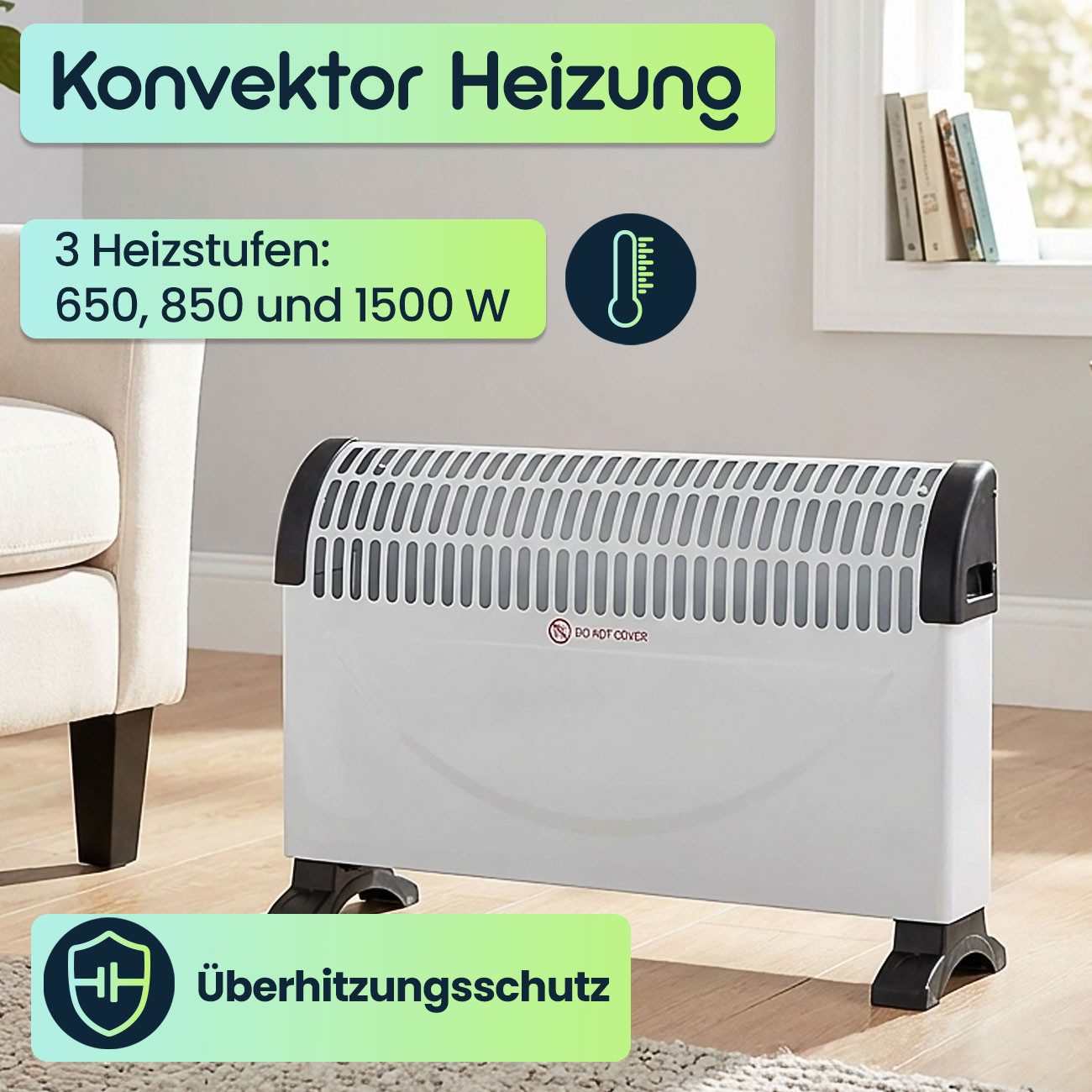 *Alpina* Konvektor Konvektor-Heizung 1500W 50 x 33cm mit Thermostat, Standheizgerät, mit 3 Stufen, Thermostat, Überhitzungsschutz & GS-Zeichen
