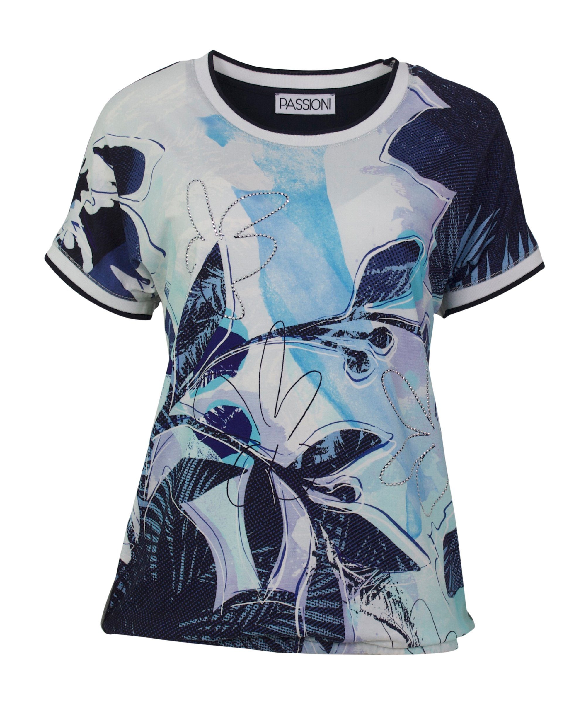 Passioni T-Shirt Bedrucktes T-Shirt sommerlichen Steindekoration, Print Hotfix, in Blautönen mit