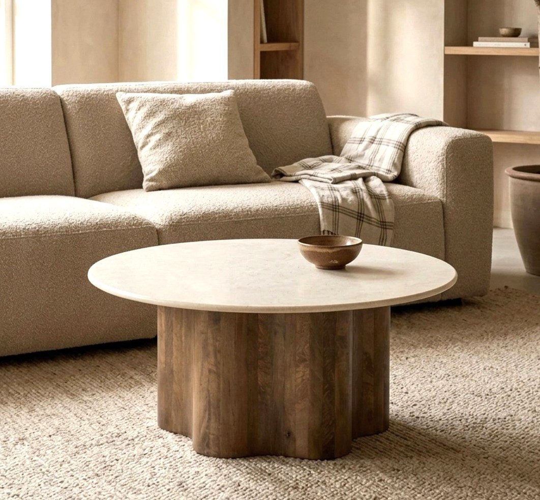 Maison ESTO Couchtisch NOVA Ø 80 cm Marmor beige Mangoholz rund, Tischplatte aus Botticino-Marmor, Säulenfuß aus massivem Mangoholz