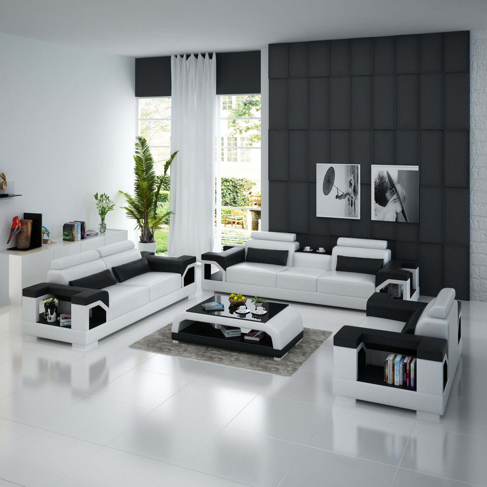 JVmoebel Wohnzimmer-Set, Ledersofa Couch Sofa usb Weiß/Schwarz Modern 321 Design Garnitur Sofagarnitur