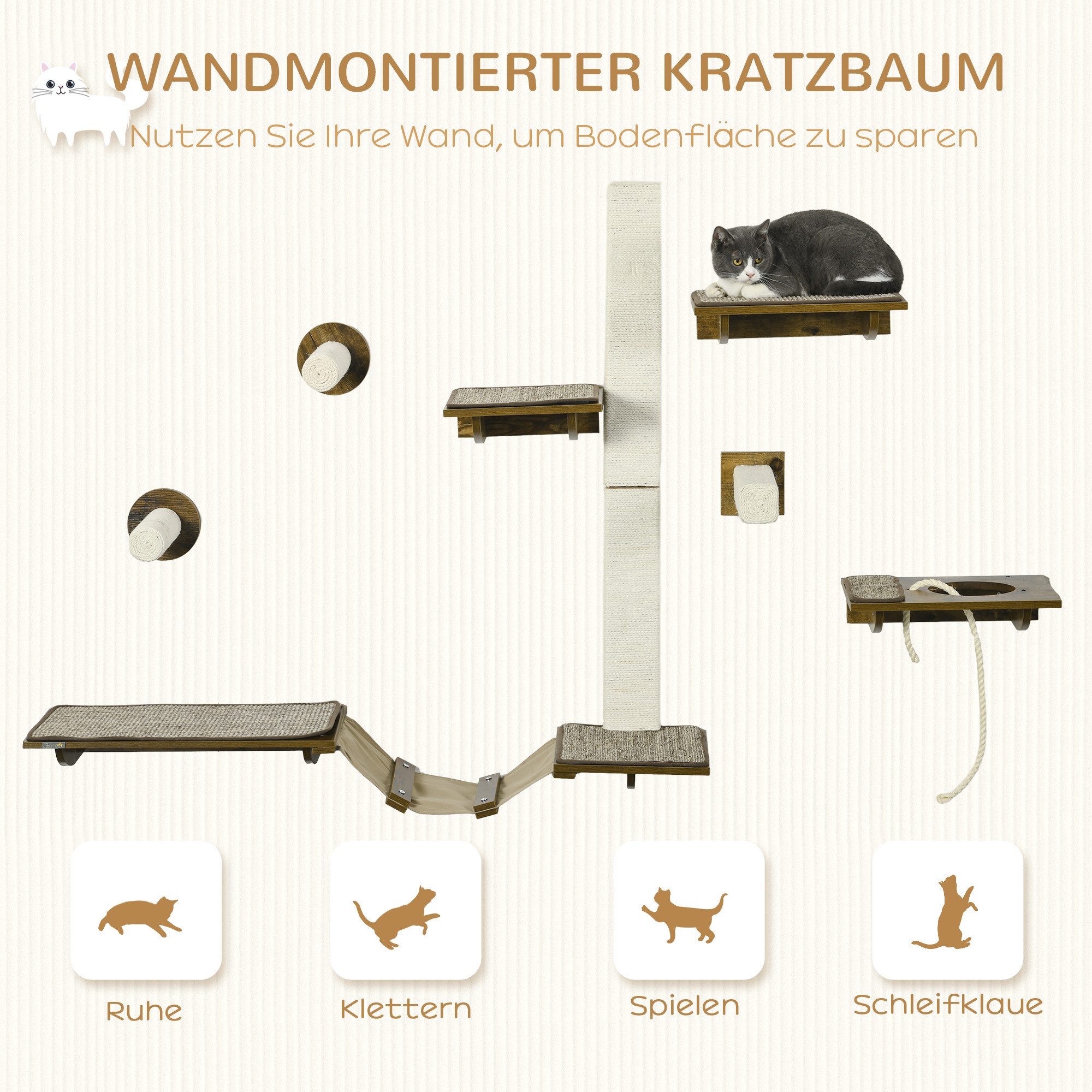 furnicato Katzen-Kletterwand Katzenwandregale Braun+Cremeweiß 136B x 29T x 8,5H cm, Sisal-Kletterwand mit Kratzpfosten und acht Elementen für Katzen