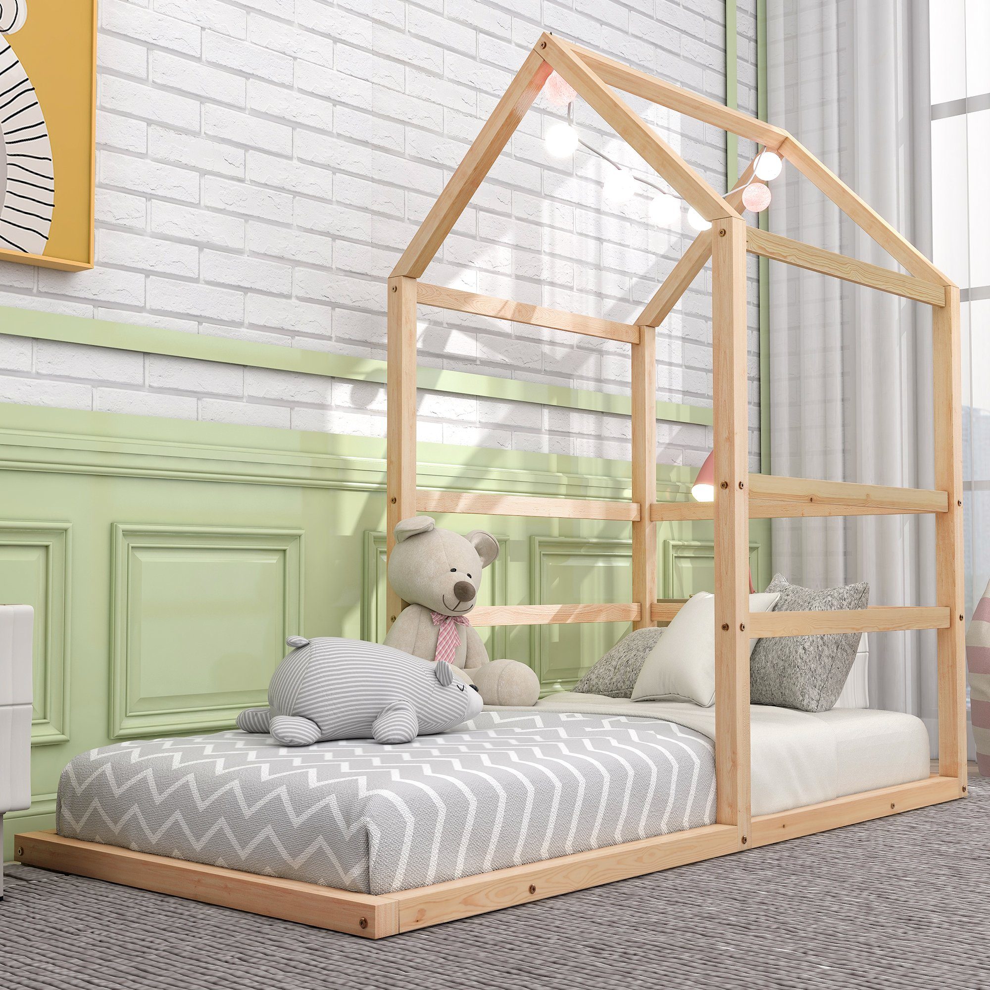 SOFTWEARY Kinderbett Hausbett mit Lattenrost (90x200 cm), Einzelbett mit  Rausfallschutz, Holzbett aus Kieferholz, Jugendbett