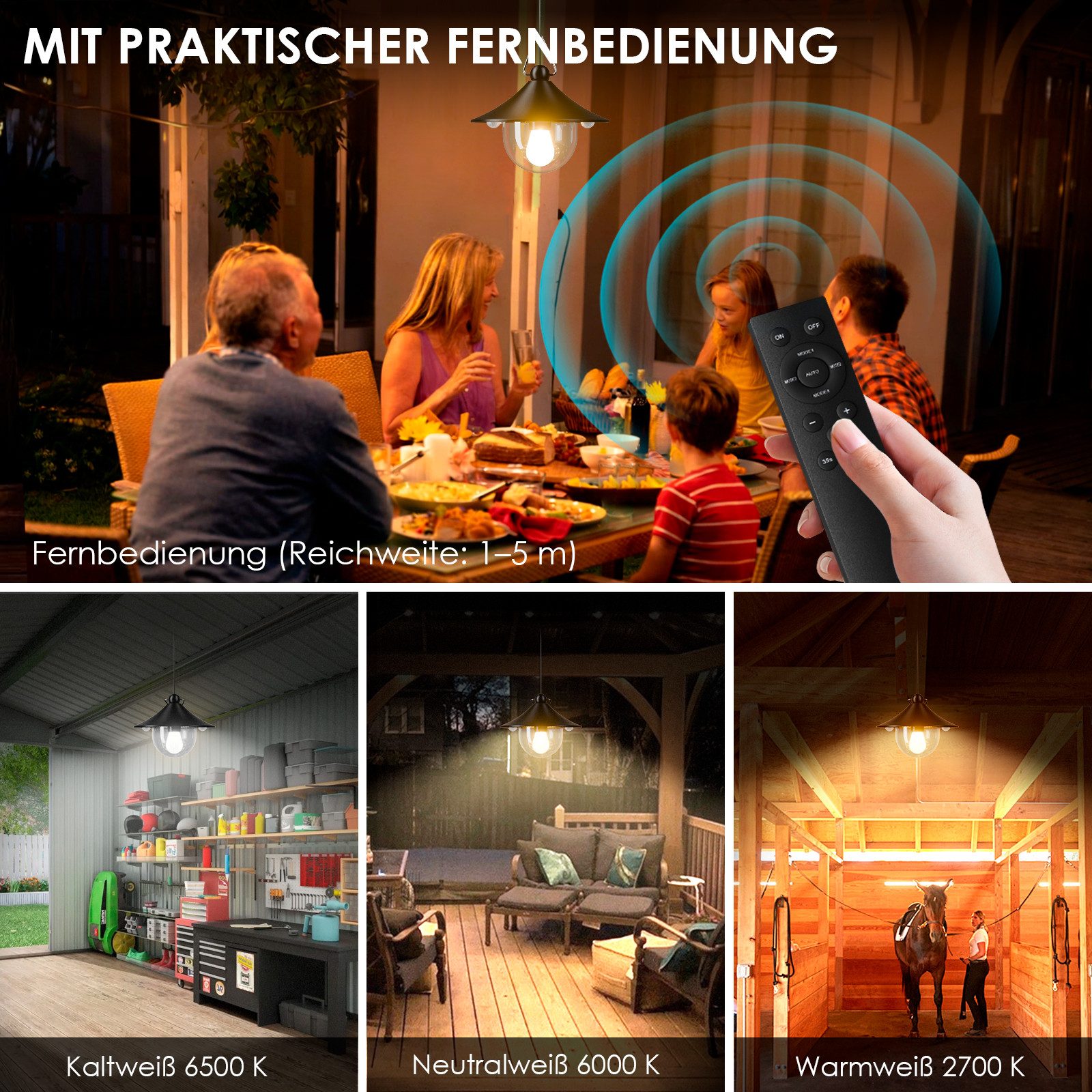 Quntis LED-Hängeleuchte hängeleuchte für außen Innen mit bewegungsmelder & Fernbedienung, LED, Warmweiß, 4500mAh 3 Farbe/5 Modi LED Solar Hängelampen, IP65, 5m Kabel