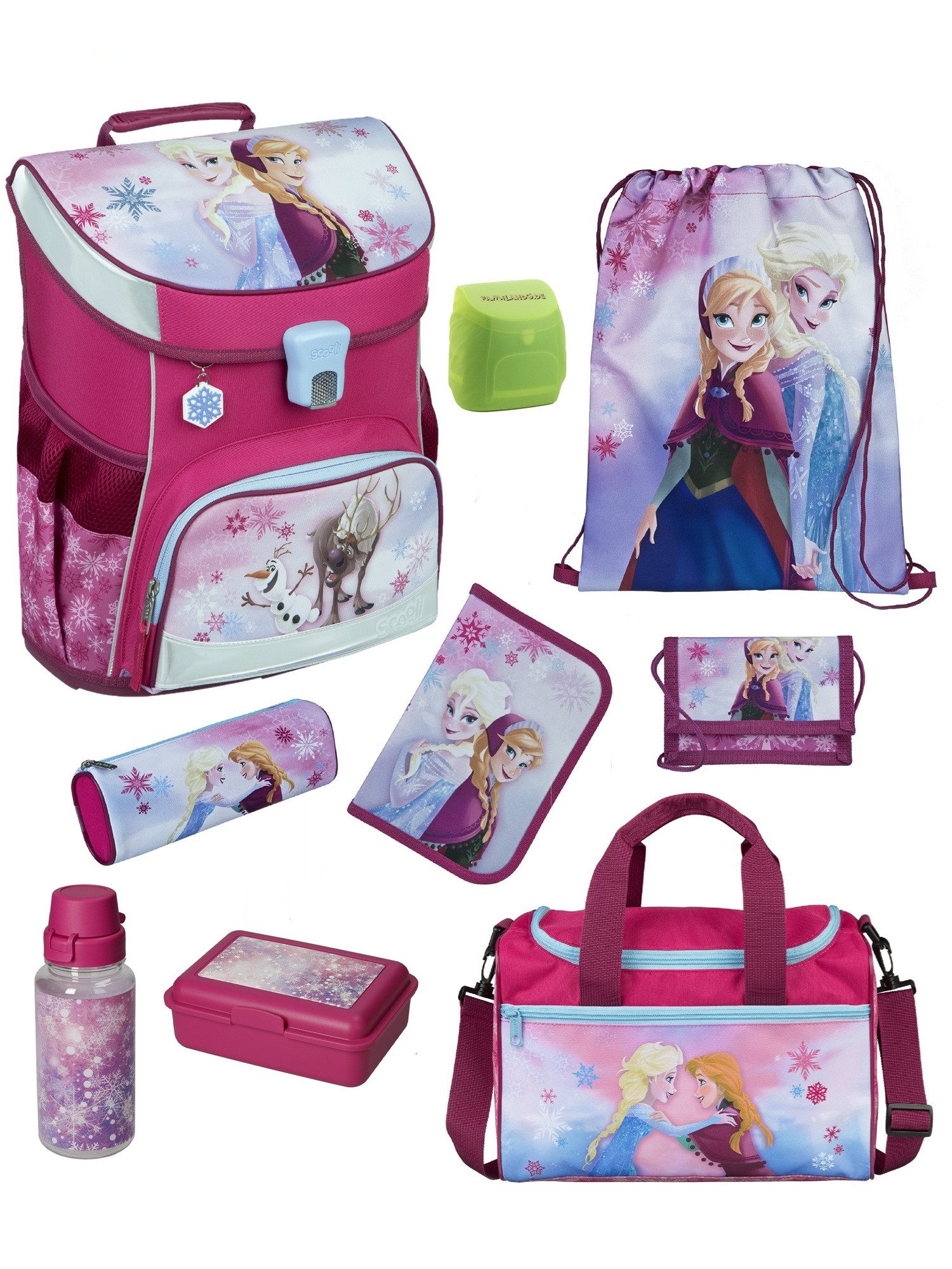 Scooli Schulranzen Campus Fit Frozen, Eiskönigin Rosa, Schultasche ab der 1. Klasse (Erweitertes Set, 9-tlg., mit Lunch-Set und Sporttasche), mit Brustgurt, 980 Gramm leicht, 18L Volumen