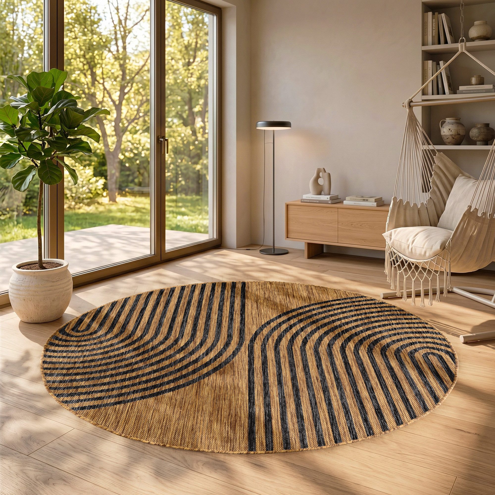 SIMPEX24 Outdoorteppich Geometrisch, Rund, Höhe: 3 mm, Teppich Wetterfest Waschbar Balkon, Garten, Terrasse und Küchenteppich
