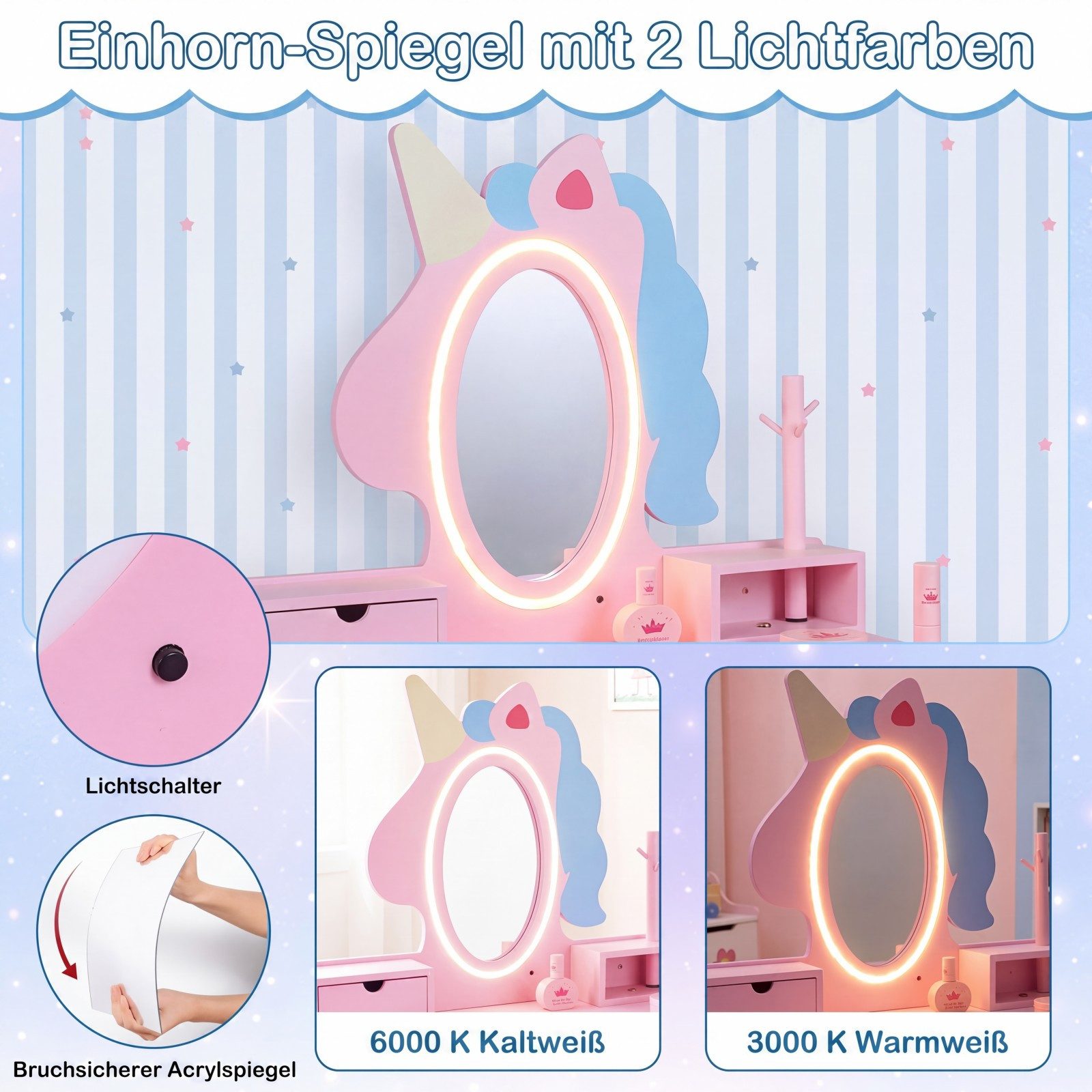 COSTWAY Schminktisch, 2 in 1 Frisiertisch mit spiegel, Kinderschminktisch