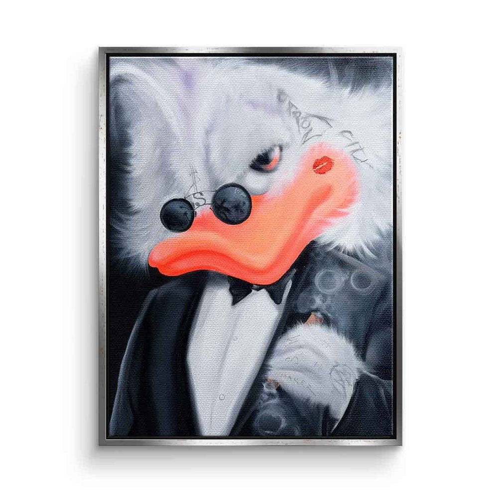DOTCOMCANVAS® Leinwandbild Cigarette Duck, Leinwandbild Duck Pop Art Comic Porträt Cigarette Duck weiß schwarz silberner Rahmen