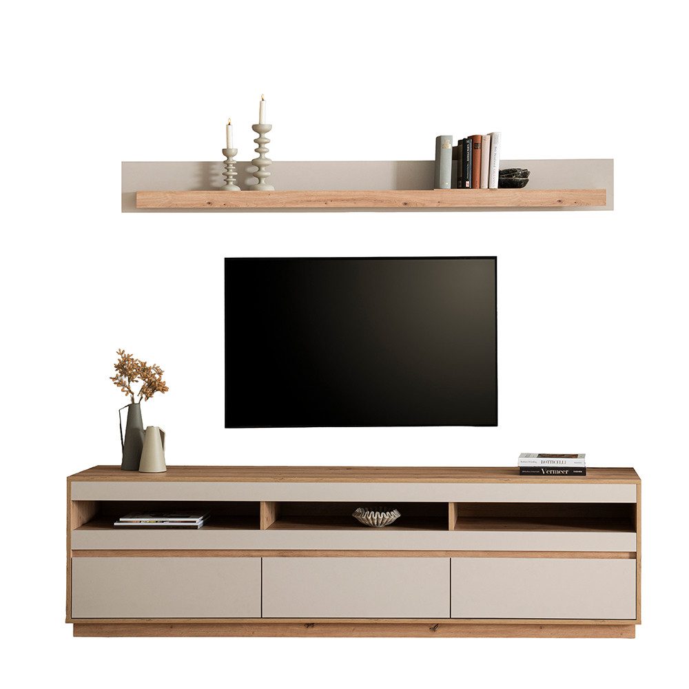 Lomadox Wohnzimmer-Set SITTEN-61, (Mega-Spar-Set, 2-St., Lowboard Wandboard), Eiche mit Kaschmir Beige, Gerätefach mit Kabeldurchlass