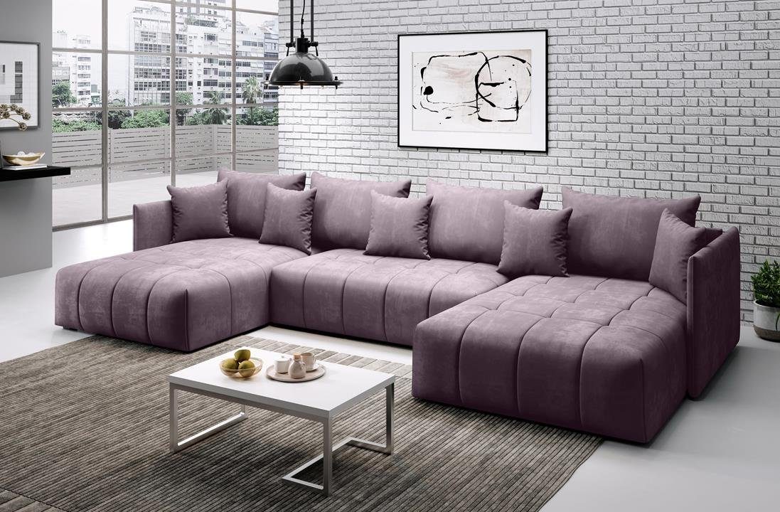 Furnix Ecksofa U-Form-Sofa ASVIL mit Schlaffunktion und Bettkasten, Farbauswahl, B353 x H80 x T180 cm, Made in Europe Lila MH62