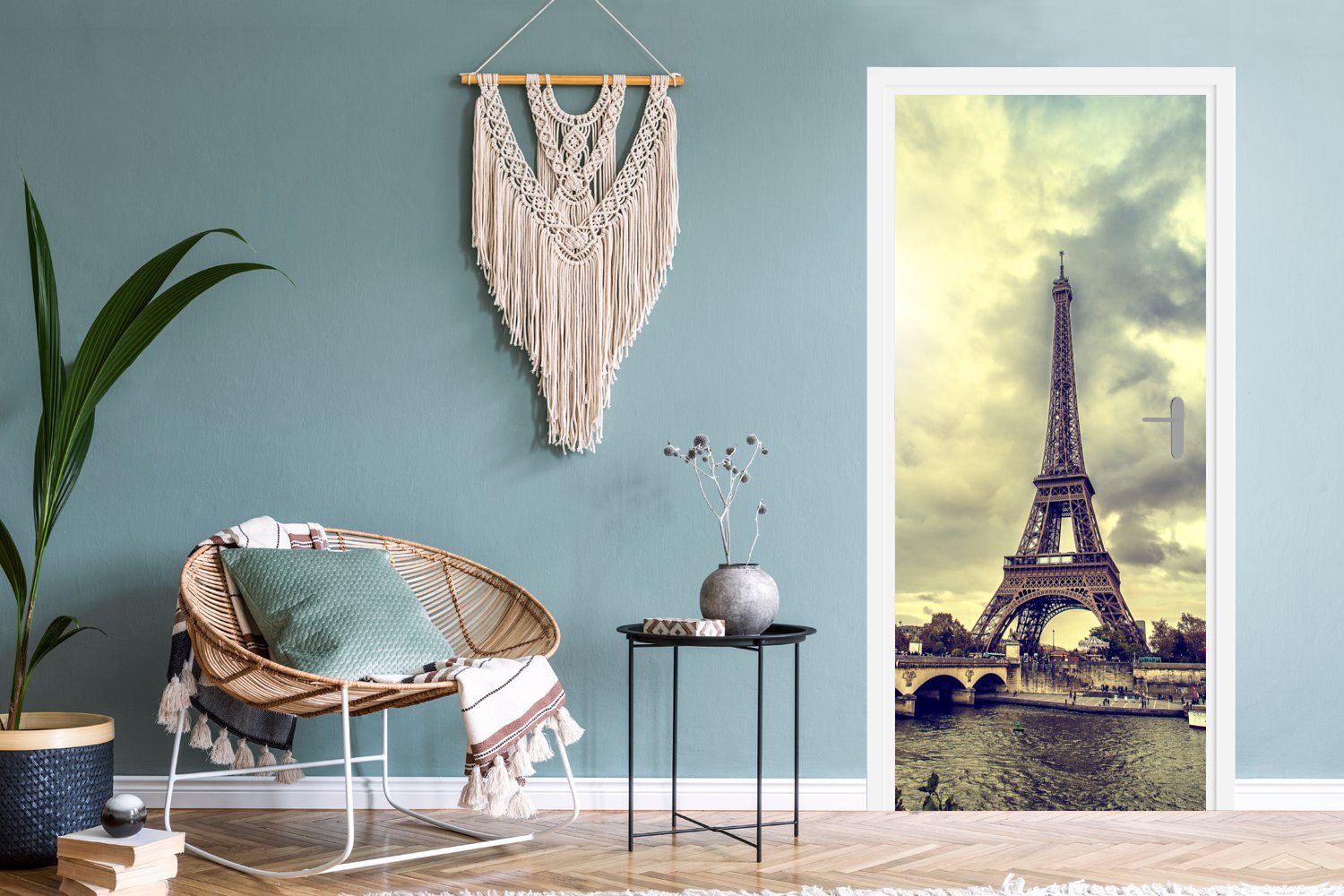 Türtapete und Tür, bedruckt, Paris, auf Matt, cm für (1 MuchoWow 75x205 Fototapete den Eiffelturm Türaufkleber, St), Wasserblick