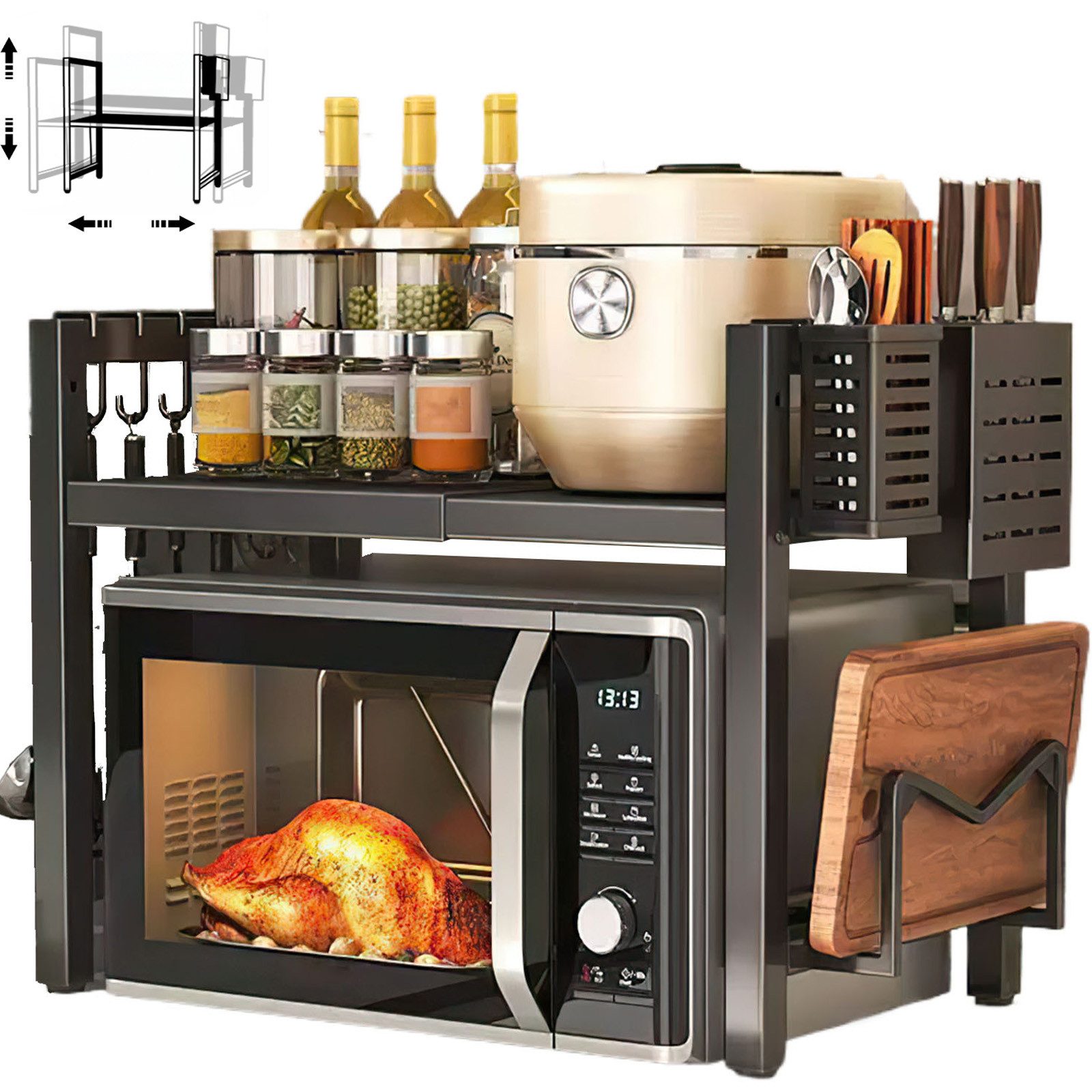SURFOU Standregal Mikrowellen Regal 2-Stufig Microwave Shelf Schrank Küchenregal 40-60cm, Küchen Mikrowelle Ständer Regal, Kohlenstoffstahl Küchenaufbewahrung Organizer Erweiterbares