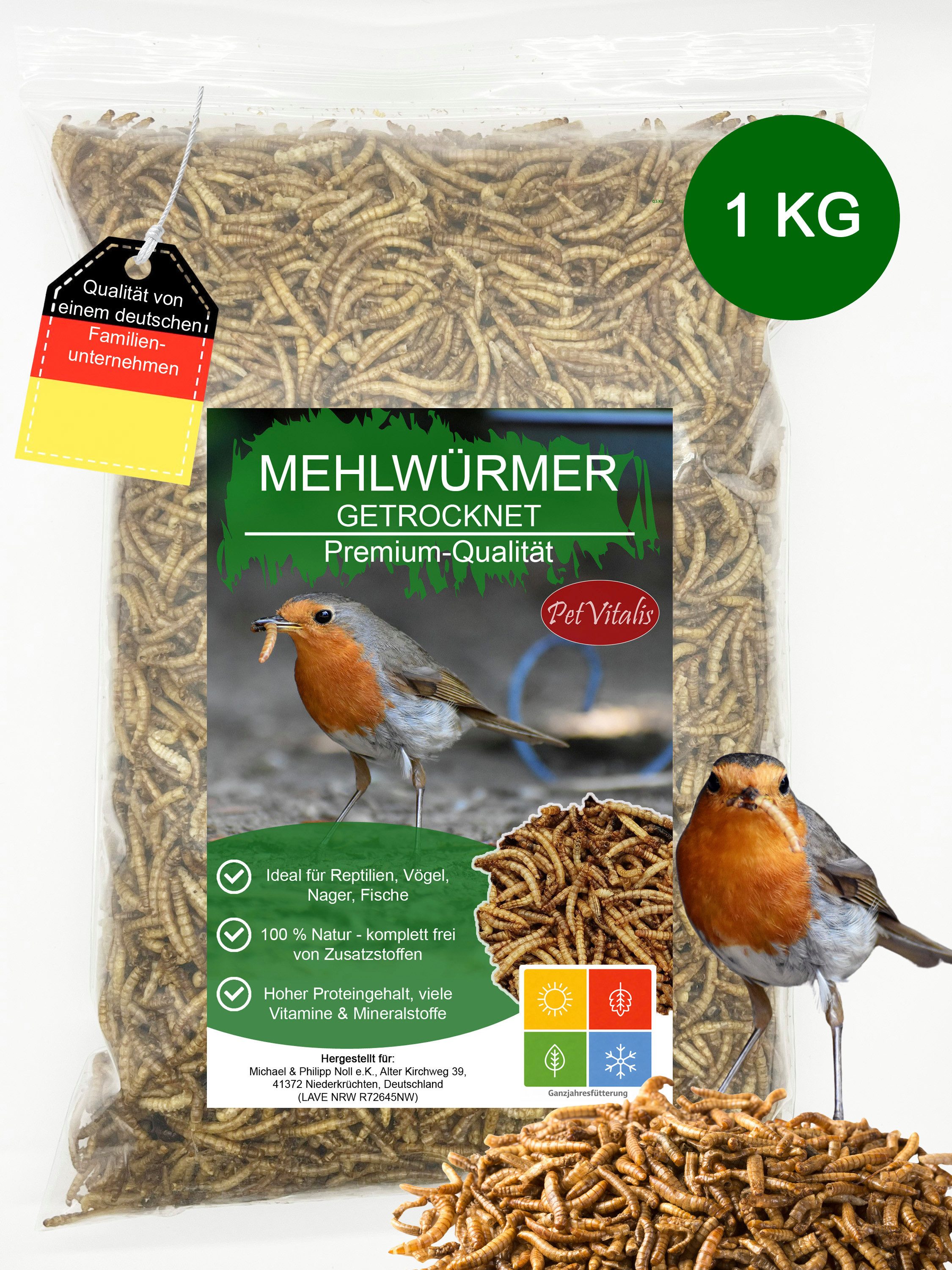 PetVitalis Getrocknete Mehlwürmer – Einzelfuttermittel als Vogelfutter-Ergänzung, Ergänzungsfutter für: Meerschweinchen, Schildkröten, Wildvögel, Reptilien, Fische, Eichhörnchen, Igel, Nager
