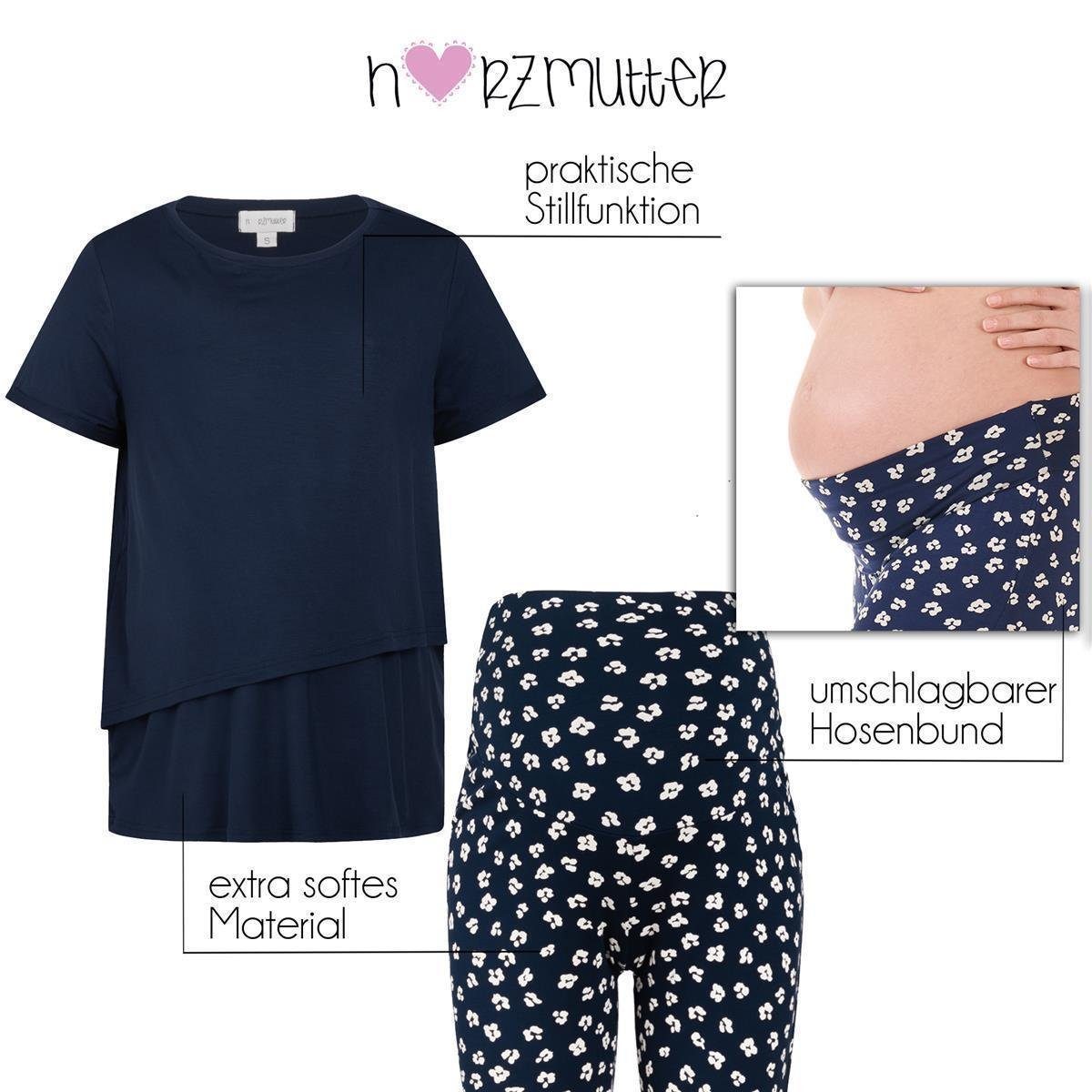 tlg) - Stillmode Muster Pyjama-Set Herzmutter Blau/Blumen Umstandspyjama - Stillpyjama (2 -