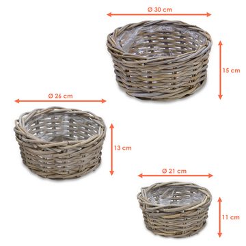 Spetebo Pflanzschale Pflanzschale aus Rattan im 3er Set - 30 / 26 / 21 cm (Set, 3 St., Pflanztöpfe), Blumentopf mit Folie ausgekleidet