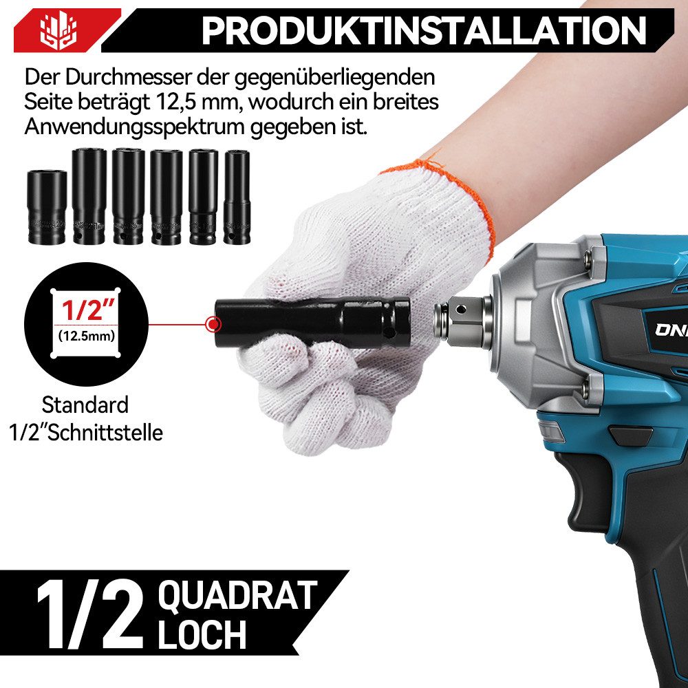 ONEVAN Akku-Schlagschrauber 1200Nm Akku-Schlagschrauber, Bürstenloser Elektrischer, 1/2 Zoll, 2x Akku, 44x Zubehör, 6700 U/min – Bild 4 von 5