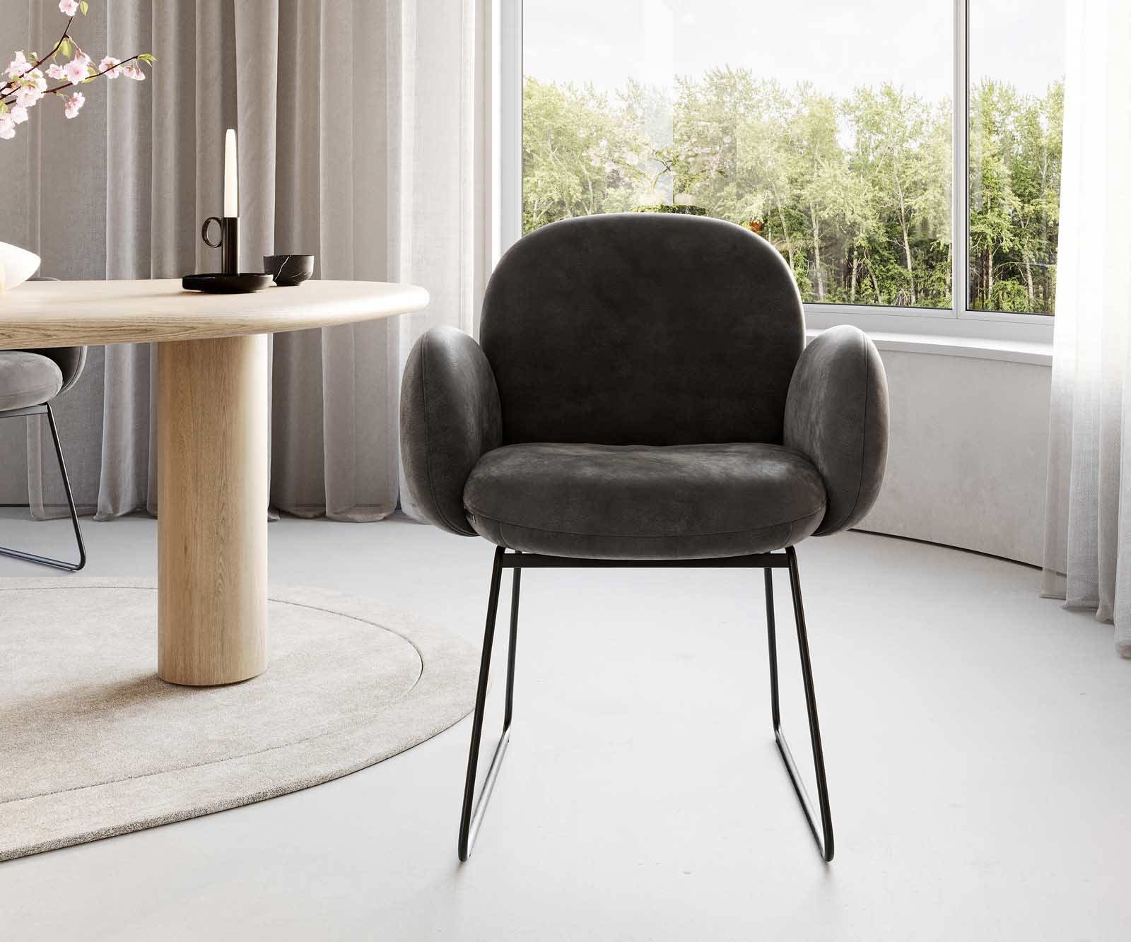 DELIFE Polsterstuhl Nube-Flex, mit Armlehnen Kufengestell Schwarz Mikrofaser Anthrazit Vintage Tasche