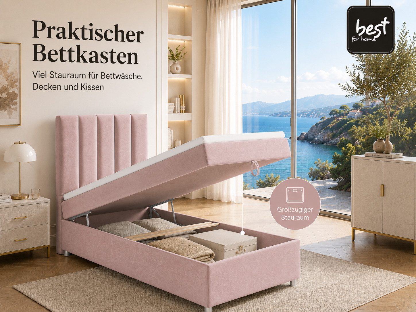 Best for Home Boxspringbett Trinity K10 SINGLE mit Bettkasten & Bonellfederkern, Komfort Topper H3 (Einzelbett, Polsterbett gepolstertes Kopfteil, Jugendbett, Kinderbett versch. Größen, 1-St., 70x200 80x200 90x200 100x200 cm), Stauraum unter dem Bett; Ergonomischer Schlafkomfort; Massivholzrahmen
