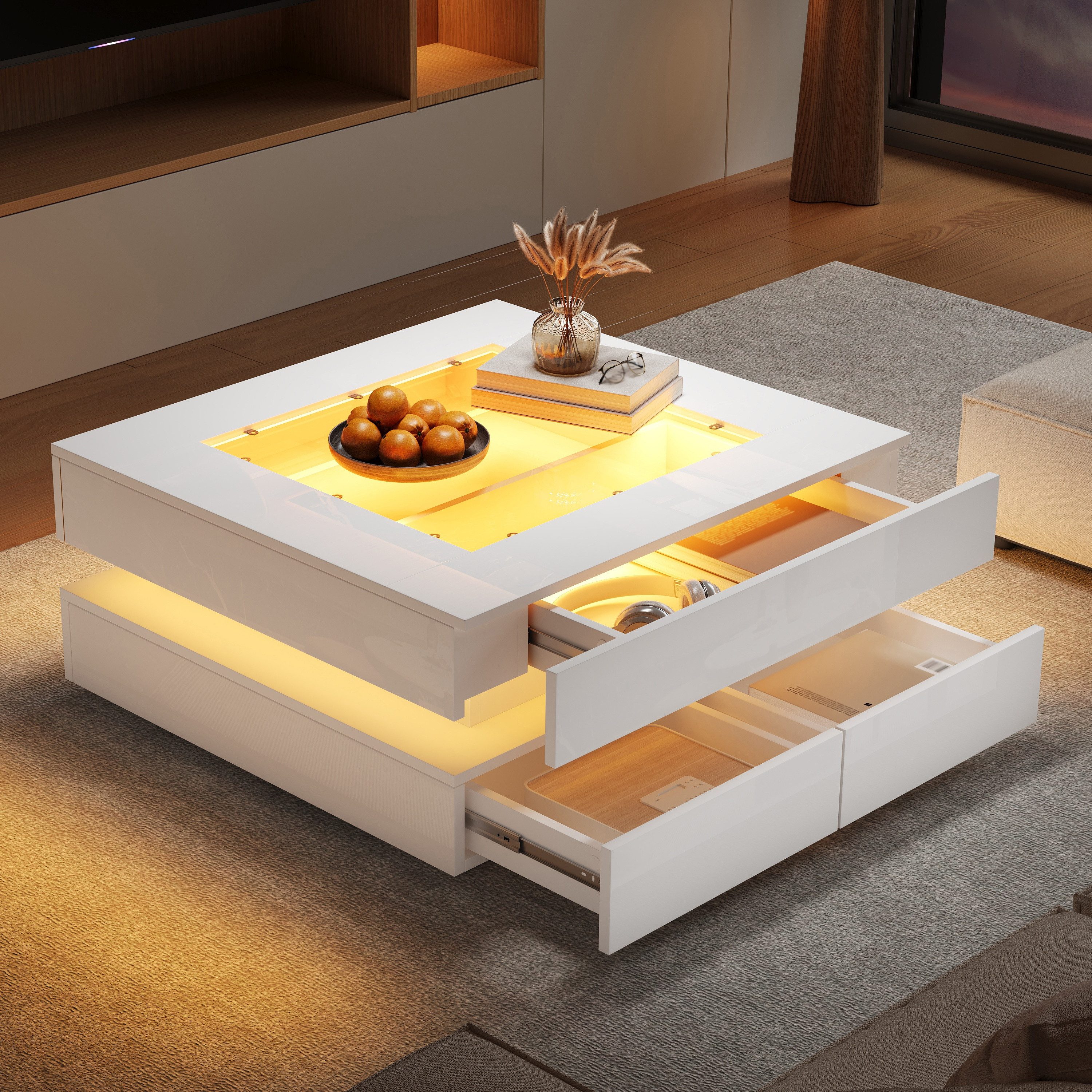 OKWISH Couchtisch Weißer LED-Couchtisch mit Glastischplatte und 3 Schubladen. (Couchtisch mit Glastischplatte, 3 Schubladen, 1-St., mit LED-Leuchten, 3 Schubladen, Sofatisch), Couchtisch mit Glastischplatte