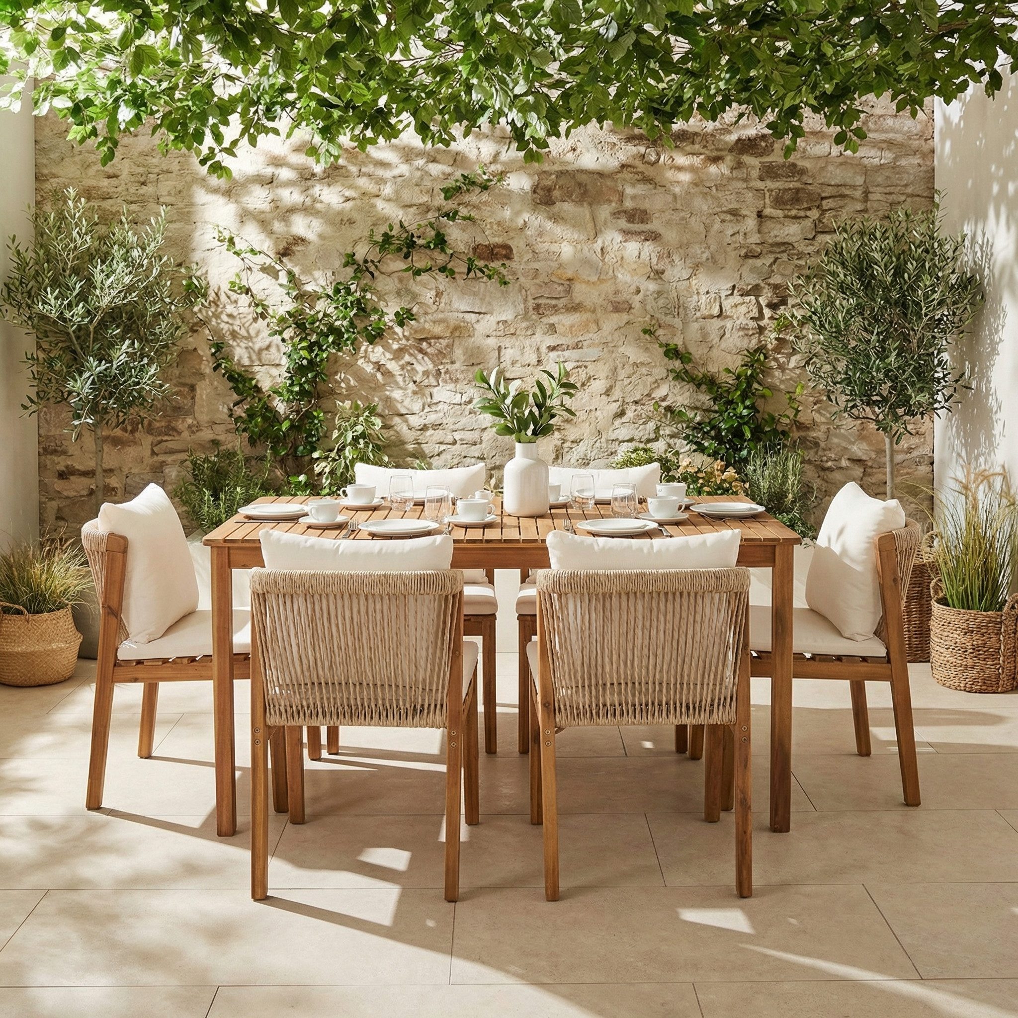 REDOM Gartenlounge-Set 7-tlg. aus Akazienholz mit Polstern, für 6 Personen, (Set, 7-tlg., Gestell und Tischplatte aus Massivholz, pflegeleicht & wetterfest), in Beige & Holz-Optik, Ideal für gemütliche Mahlzeiten im Freien