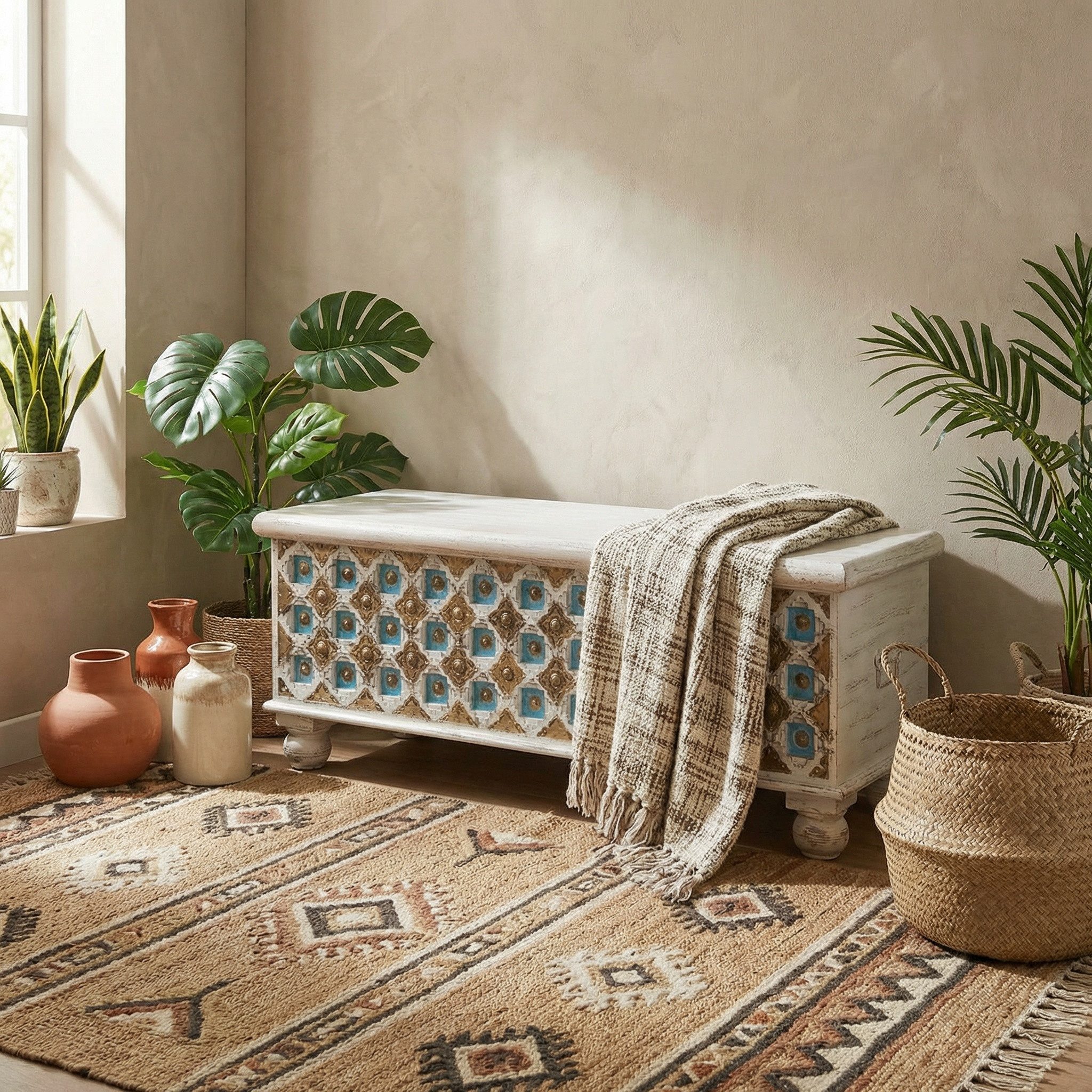 Marrakesch Orient & Mediterran Interior Truhe Massivholz-Truhe Burhan 3 Vintage Möbel Sitztruhe Betttruhe 116 cm (1 St), Handarbeit