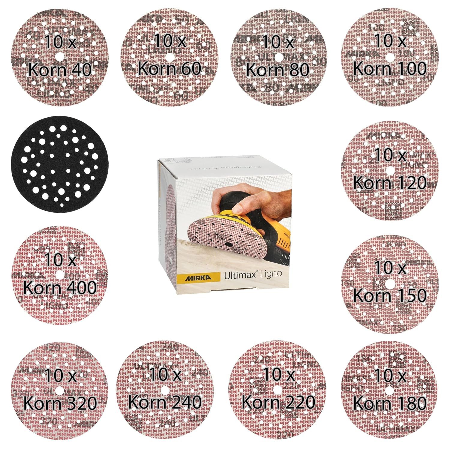 Mirka Schleifscheibe Ultimax Ligno, (91 St), Ø 125 mm, Mix-Pack 40/60/80/120/150/180/240/320/400 x 10St + Pad Saver